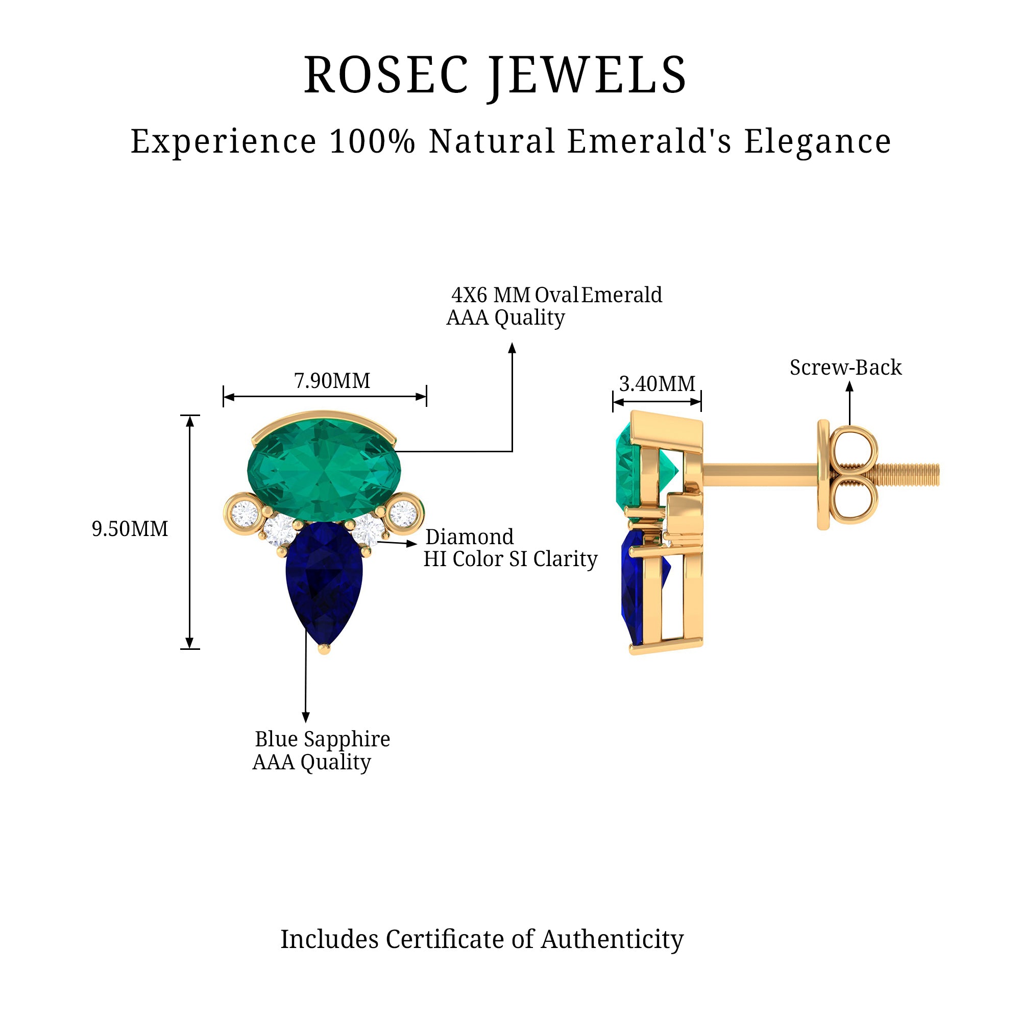 1.50 CT Blue Sapphire and Emerald Antique Stud Earrings with Diamond Accent Blue Sapphire - ( AAA ) - Quality - Rosec Jewels