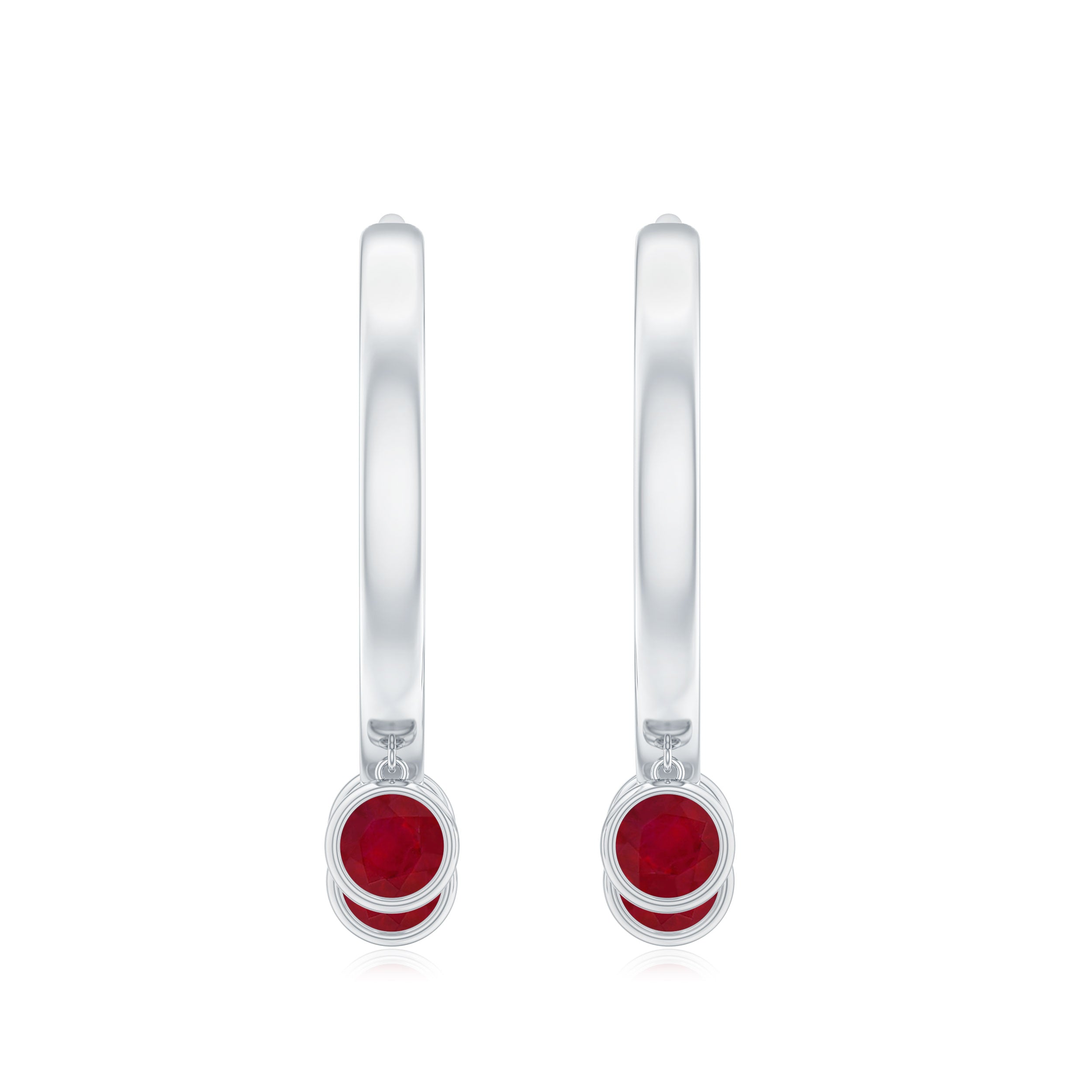 Ruby 3 Stone Hoop Drop Earrings in Bezel Setting Ruby - ( AAA ) - Quality - Rosec Jewels