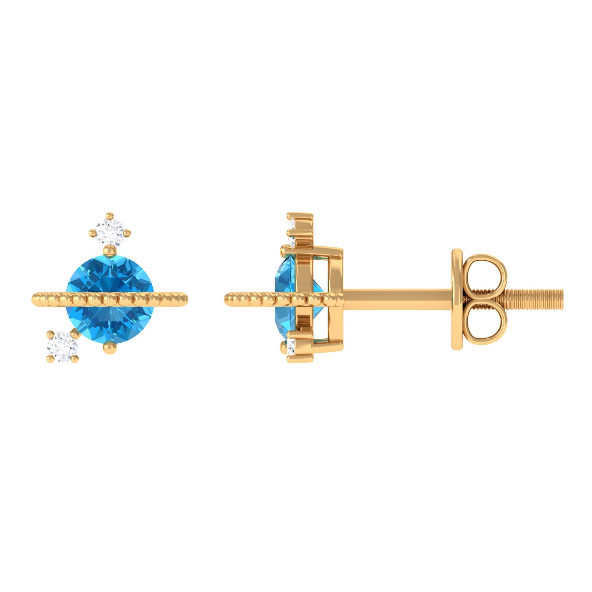 Swiss Blue Topaz Celestial Stud Earrings with Diamond Stones Swiss Blue Topaz - ( AAA ) - Quality - Rosec Jewels