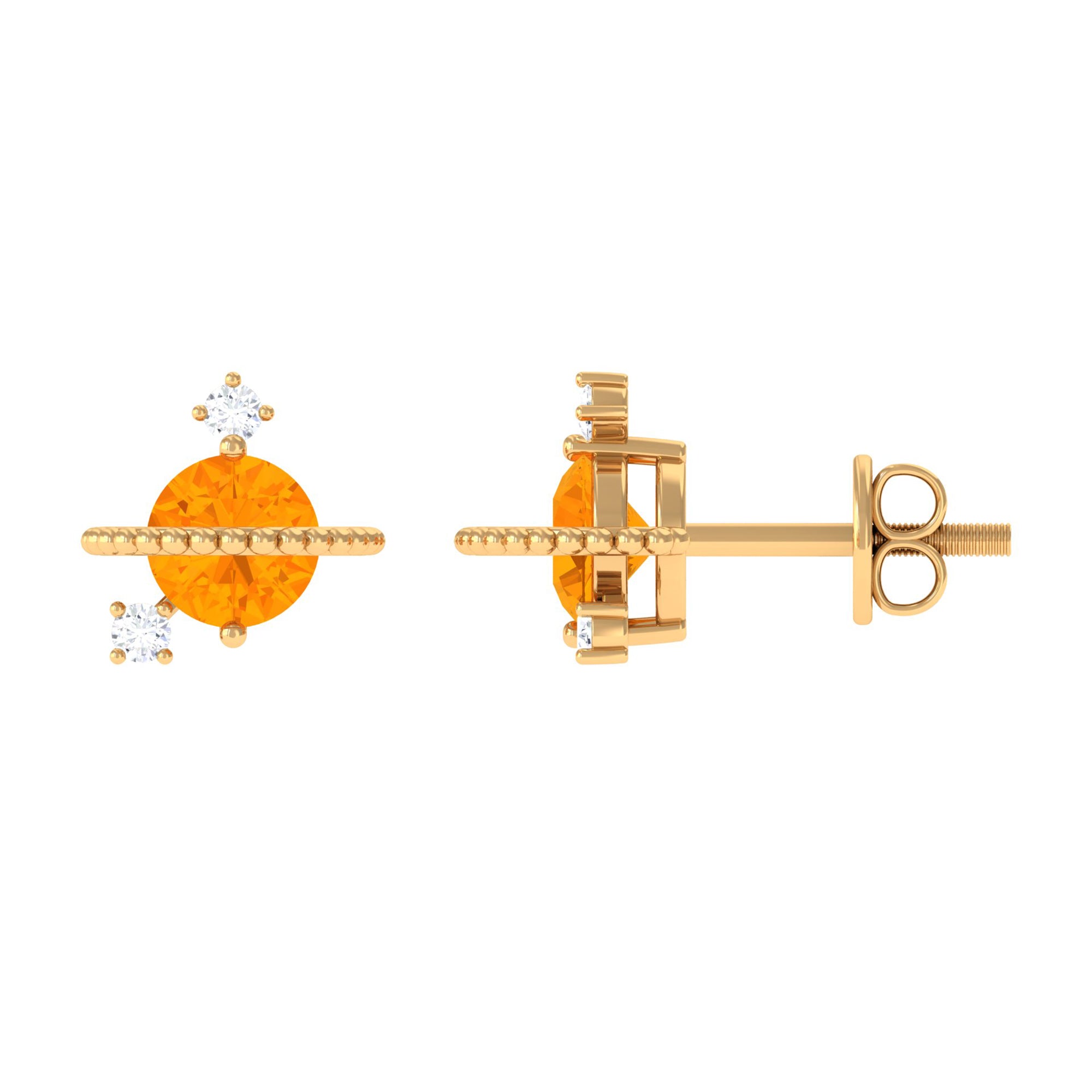 Fire Opal Contemporary Celestial Stud Earrings with Diamond Fire Opal - ( AAA ) - Quality - Rosec Jewels