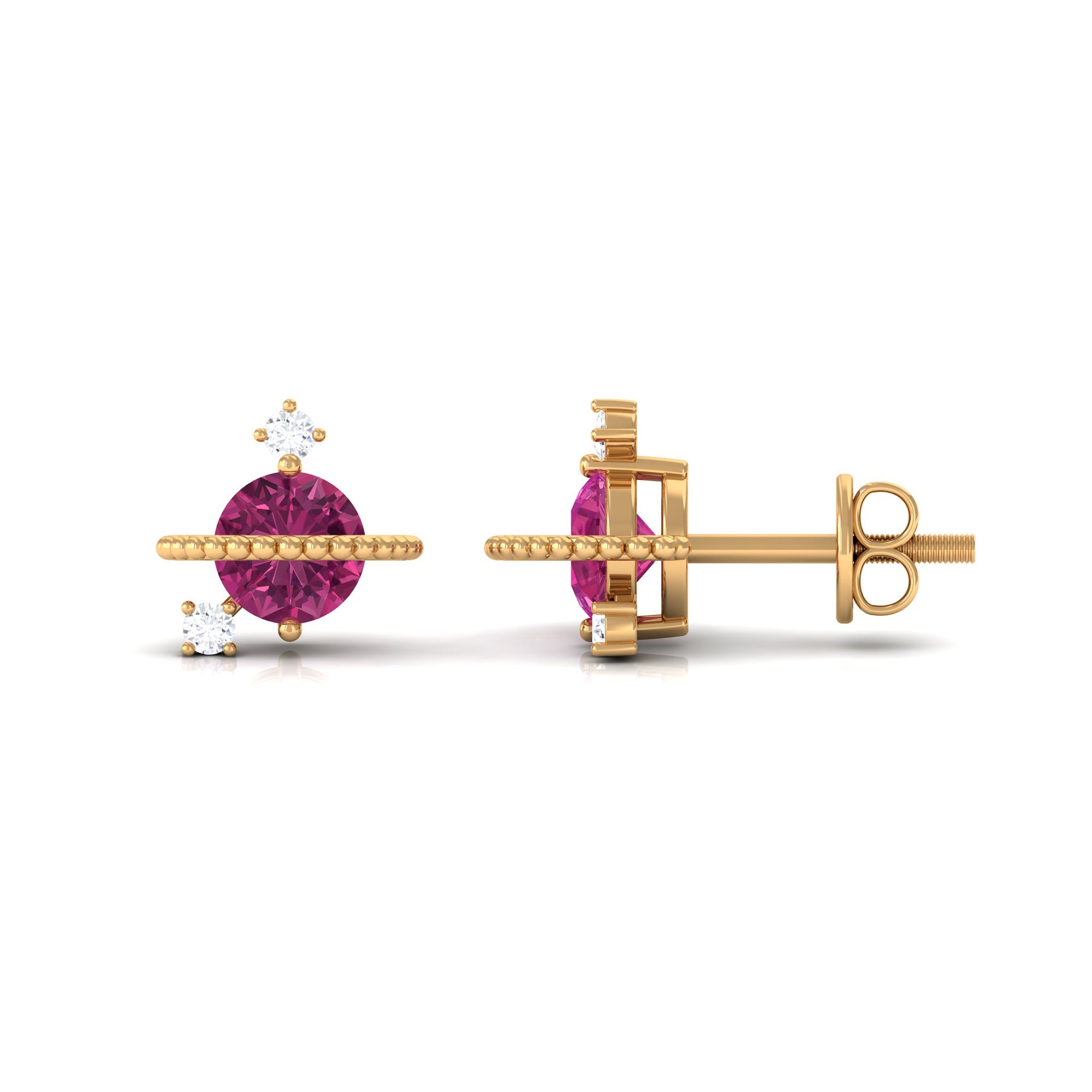 Pink Tourmaline Celestial Stud Earrings with Diamond Pink Tourmaline - ( AAA ) - Quality - Rosec Jewels