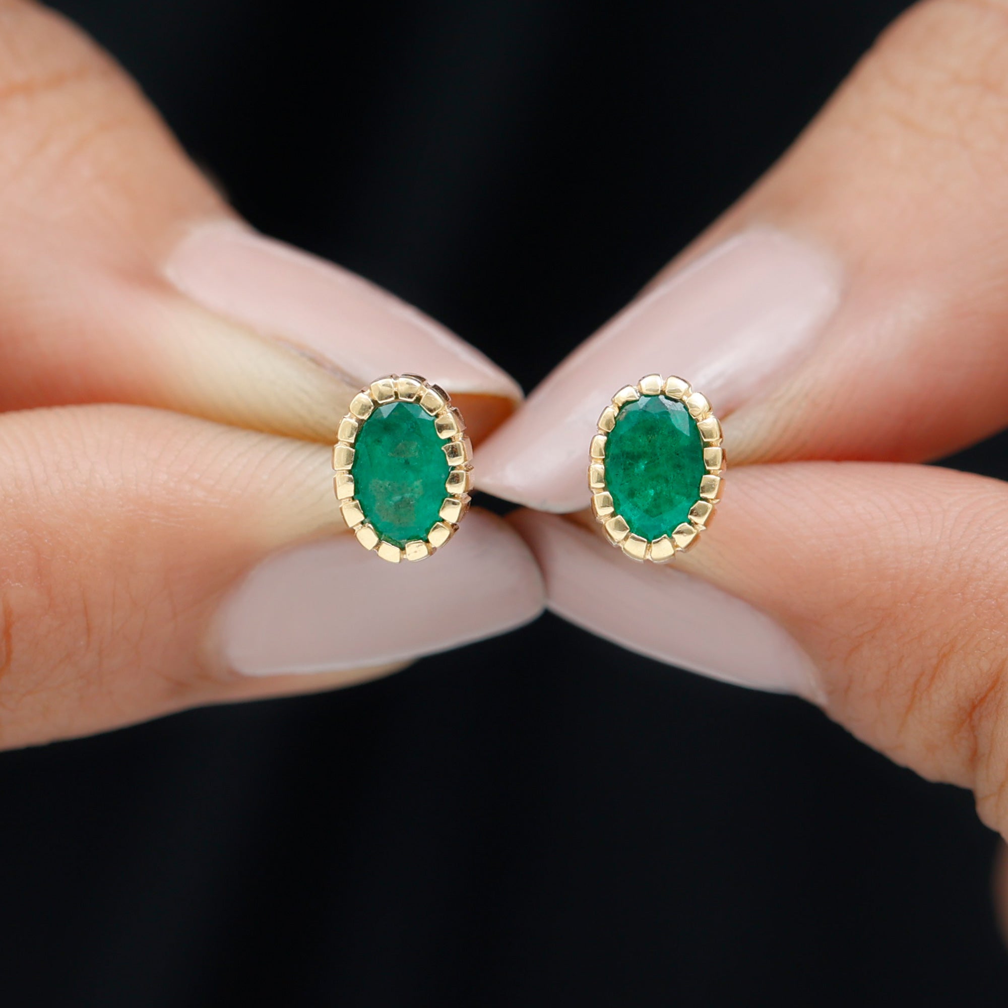 Rosec Jewels-1 CT Oval Emerald Solitaire Stud Earrings in Bezel Setting