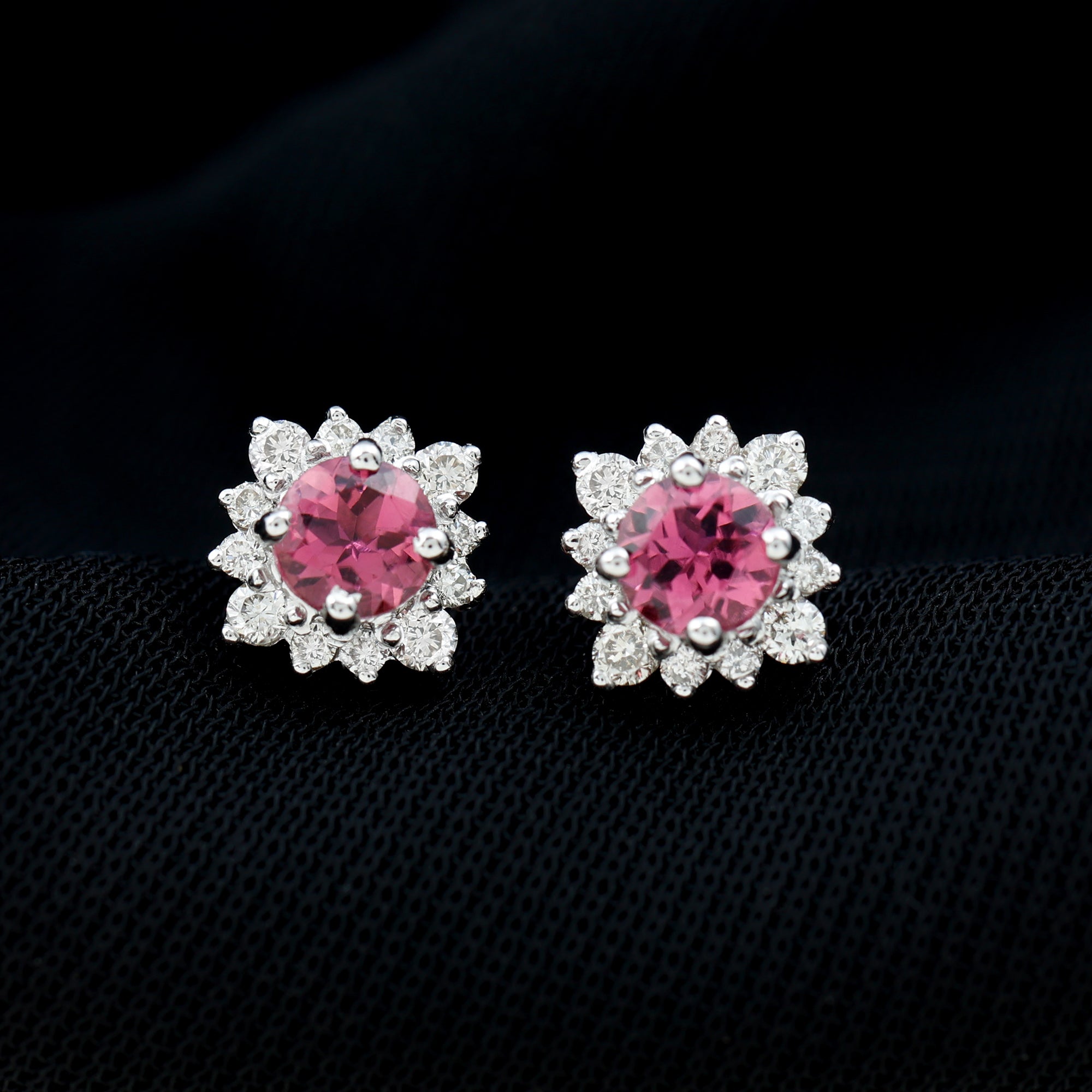 1 CT Classic Pink Tourmaline Stud Earrings with Diamond Halo Pink Tourmaline - ( AAA ) - Quality - Rosec Jewels