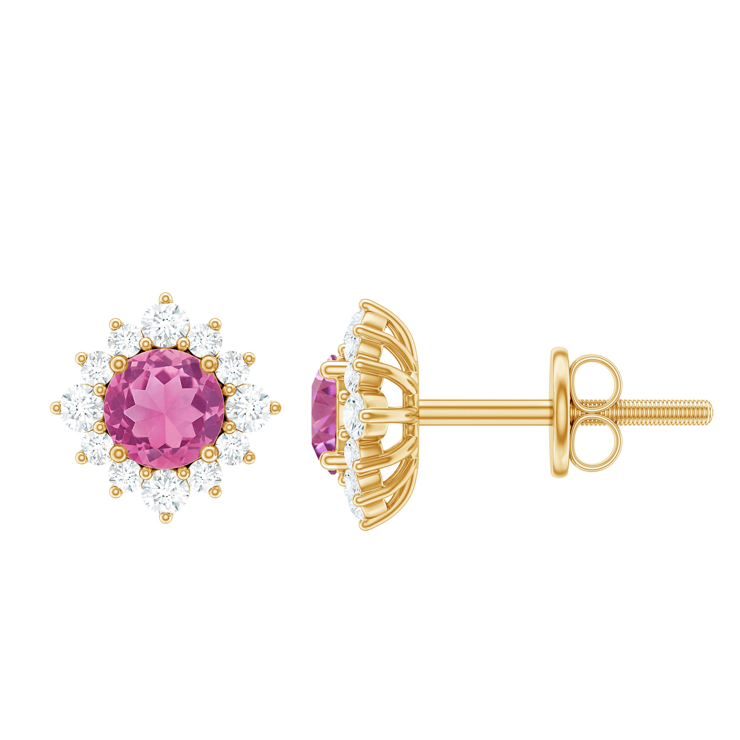 1 CT Classic Pink Tourmaline Stud Earrings with Diamond Halo Pink Tourmaline - ( AAA ) - Quality - Rosec Jewels