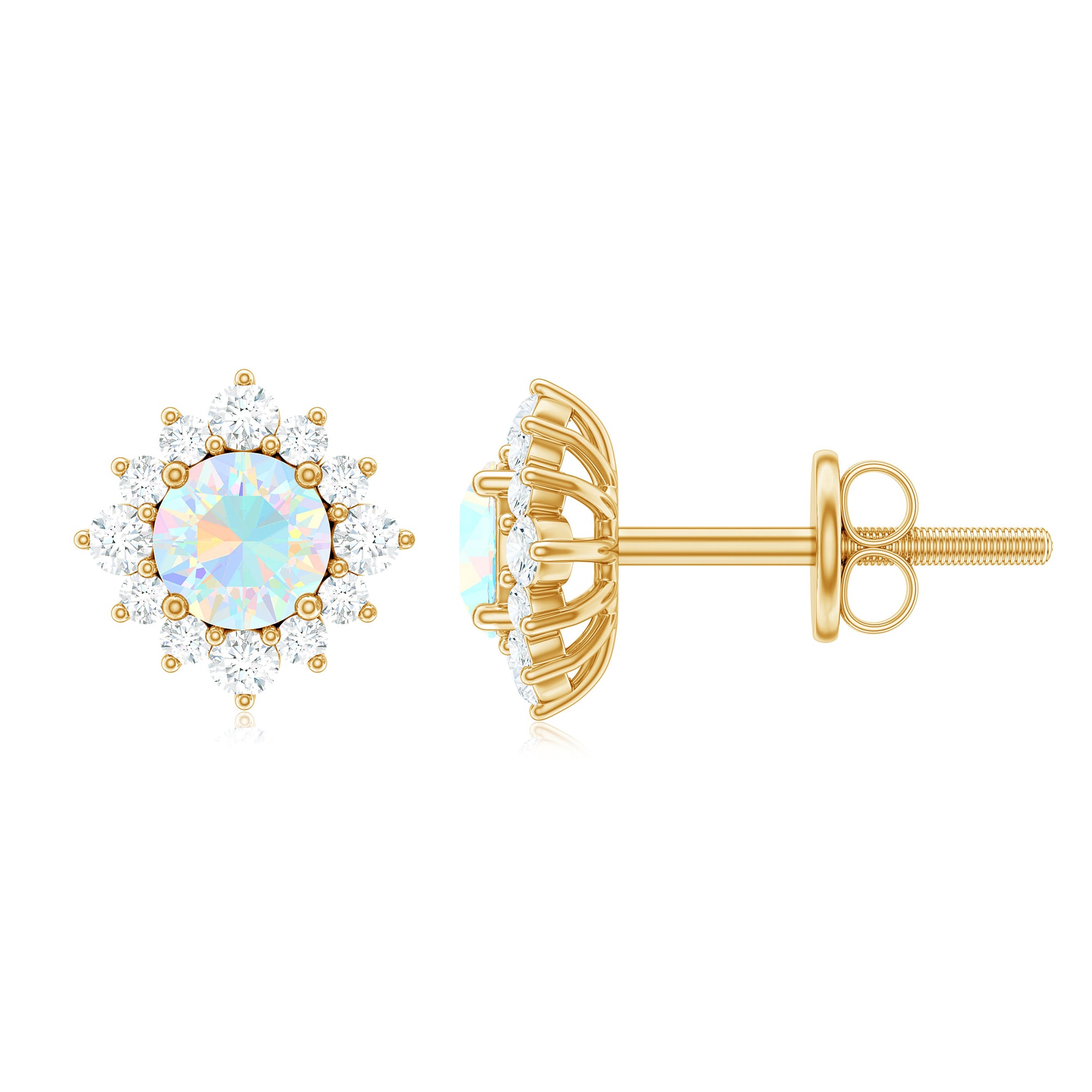 1 CT Classic Ethiopian Opal Stud Earrings with Diamond Halo Ethiopian Opal - ( AAA ) - Quality - Rosec Jewels