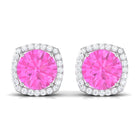 Round Pink Sapphire and Diamond Classic Halo Stud Earrings Pink Sapphire - ( AAA ) - Quality - Rosec Jewels