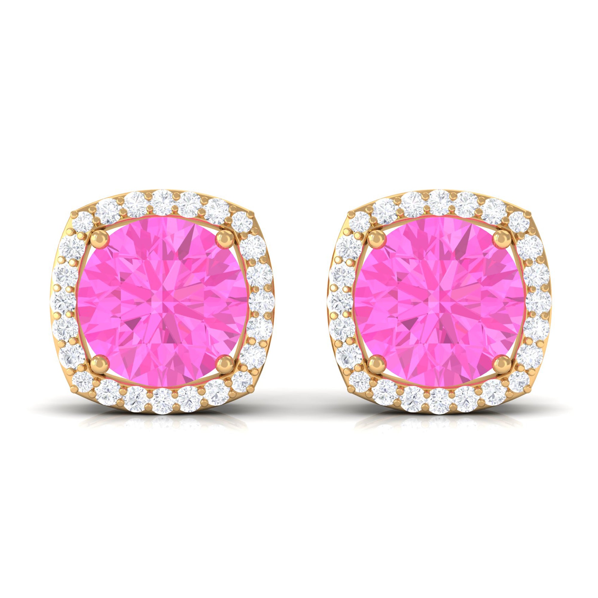 Round Pink Sapphire and Diamond Classic Halo Stud Earrings Pink Sapphire - ( AAA ) - Quality - Rosec Jewels