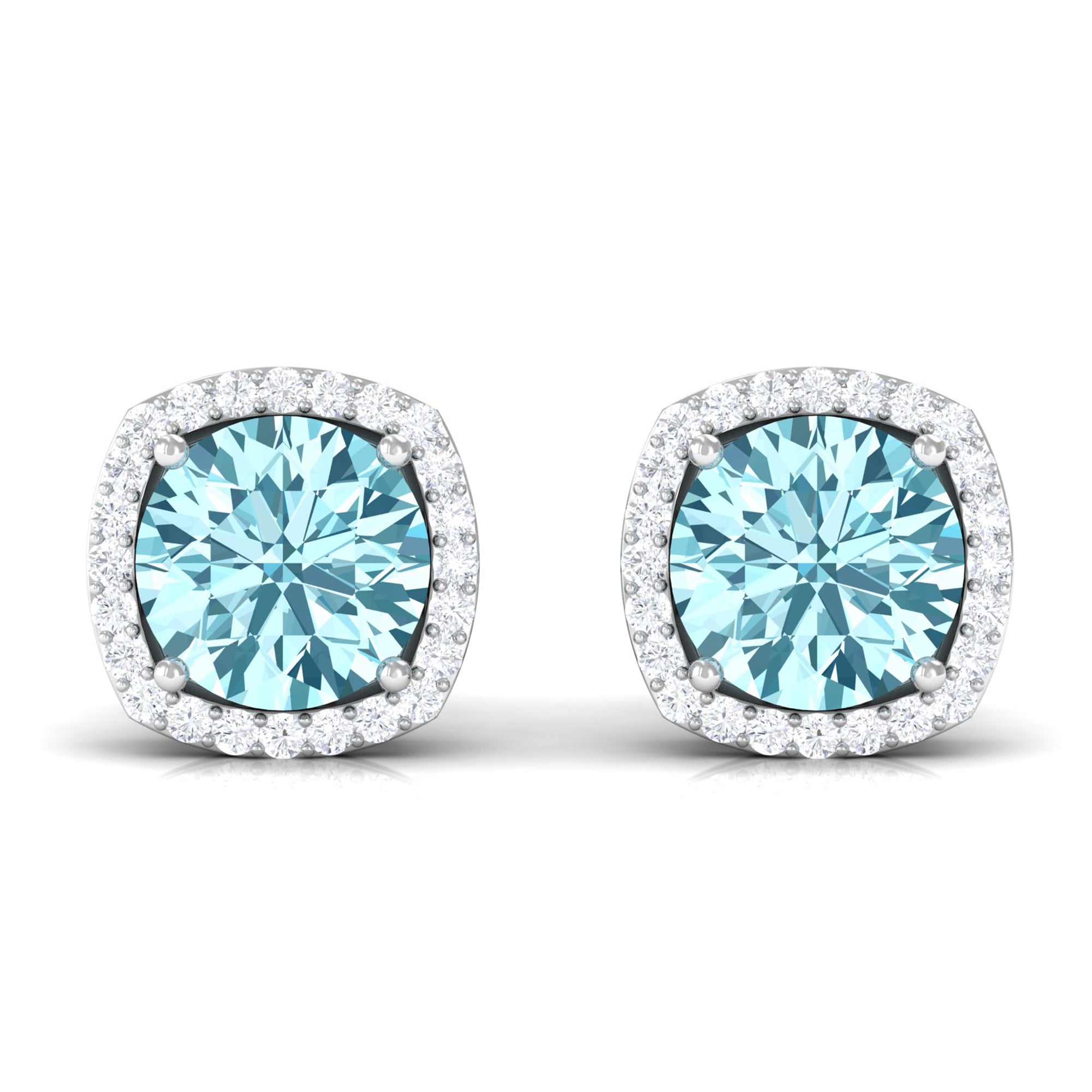 Round Shape Aquamarine Classic Halo Stud Earrings with Diamond Aquamarine - ( AAA ) - Quality - Rosec Jewels