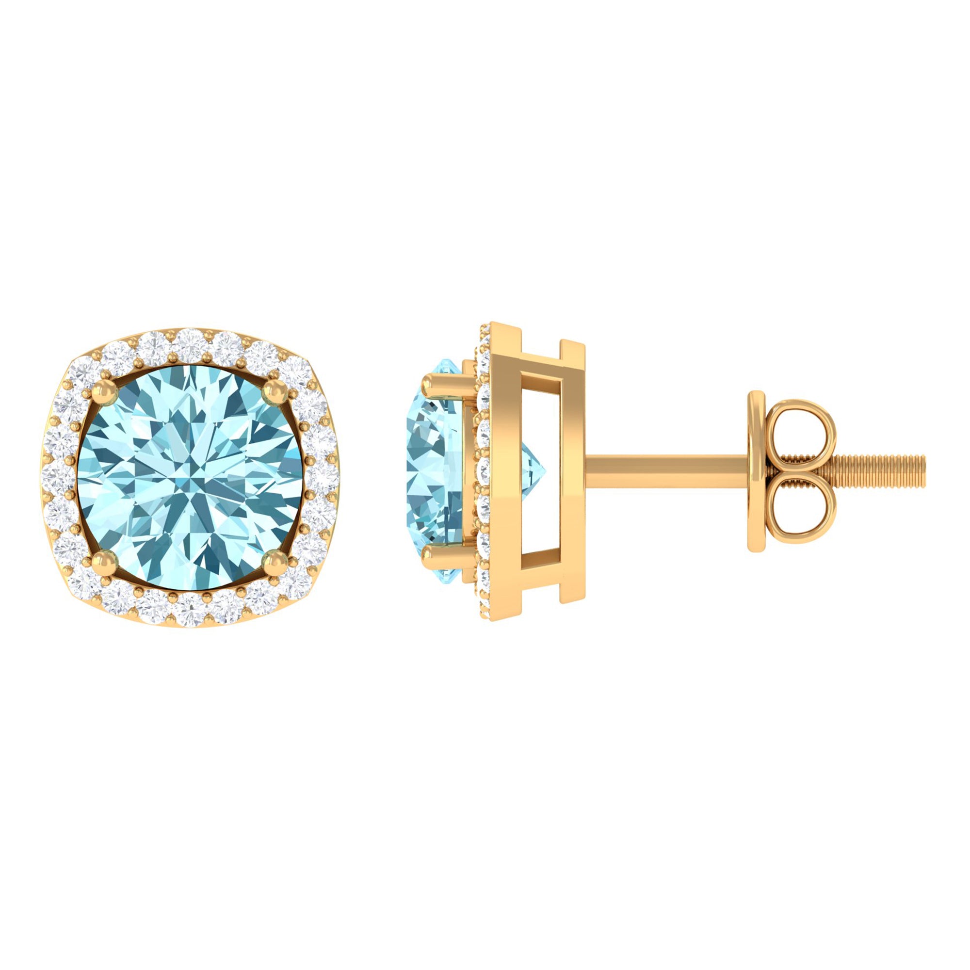 Round Shape Aquamarine Classic Halo Stud Earrings with Diamond Aquamarine - ( AAA ) - Quality - Rosec Jewels