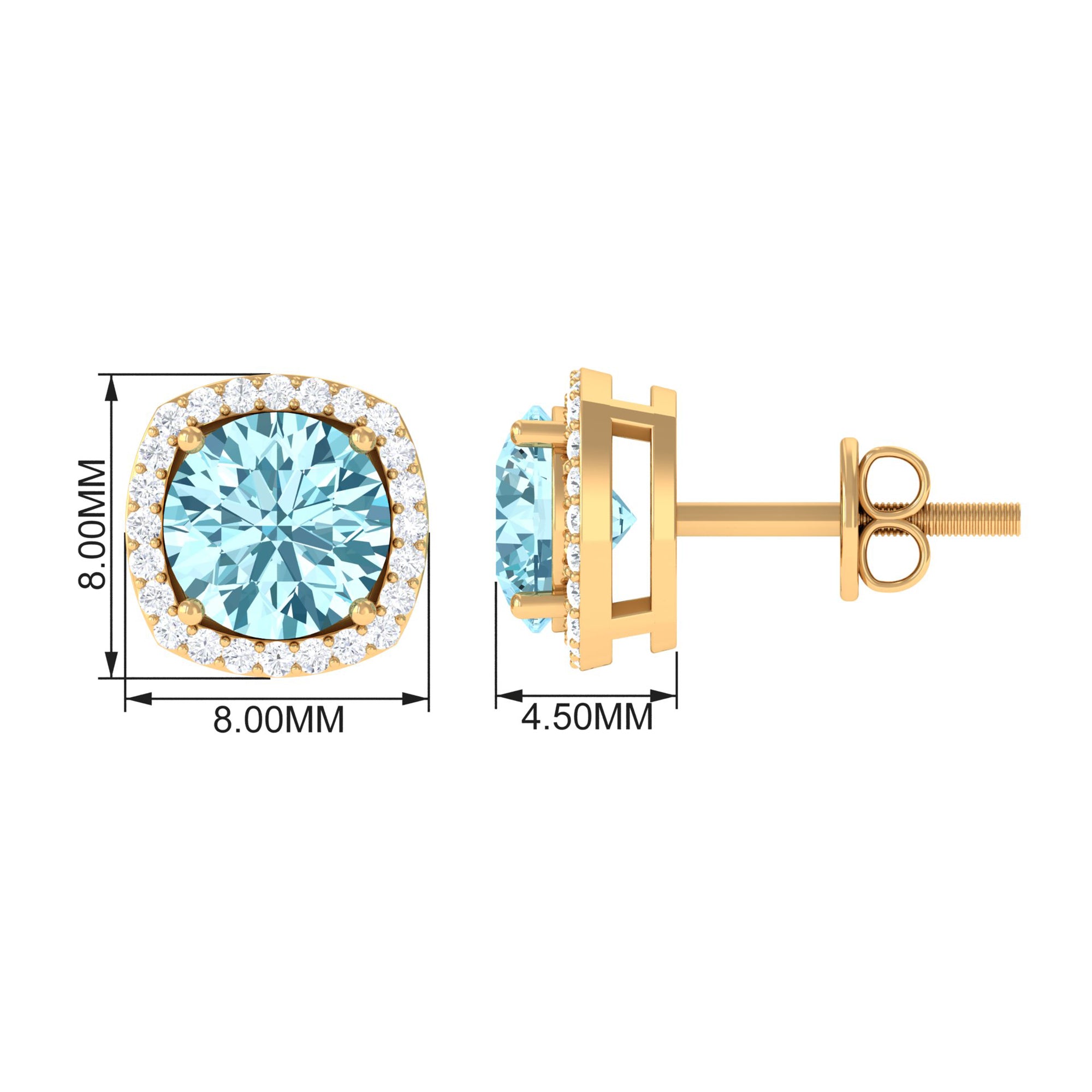 Round Shape Aquamarine Classic Halo Stud Earrings with Diamond Aquamarine - ( AAA ) - Quality - Rosec Jewels