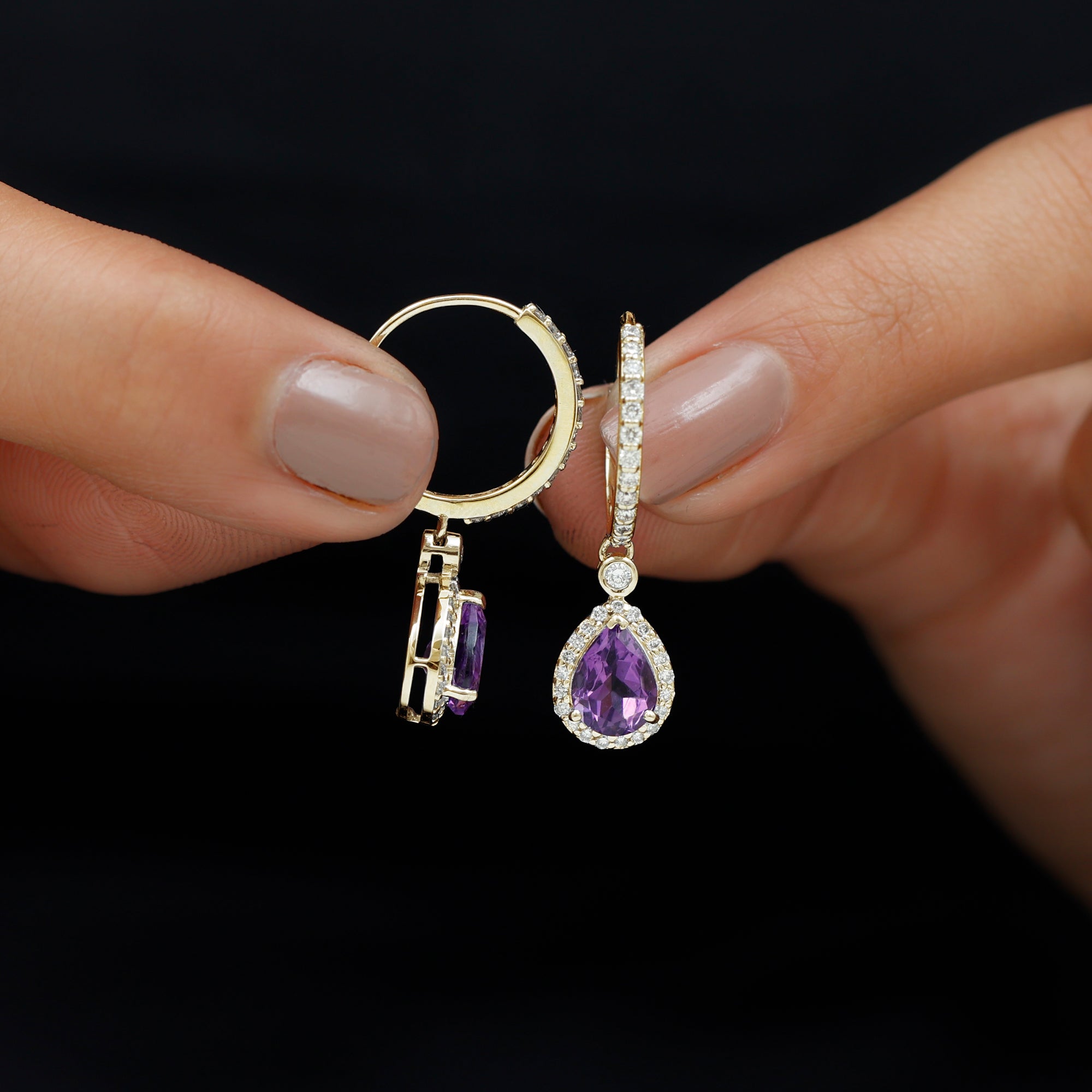 Pear Cut Amethyst Hoop Drop Earrings with Diamond Halo Amethyst - ( AAA ) - Quality - Rosec Jewels