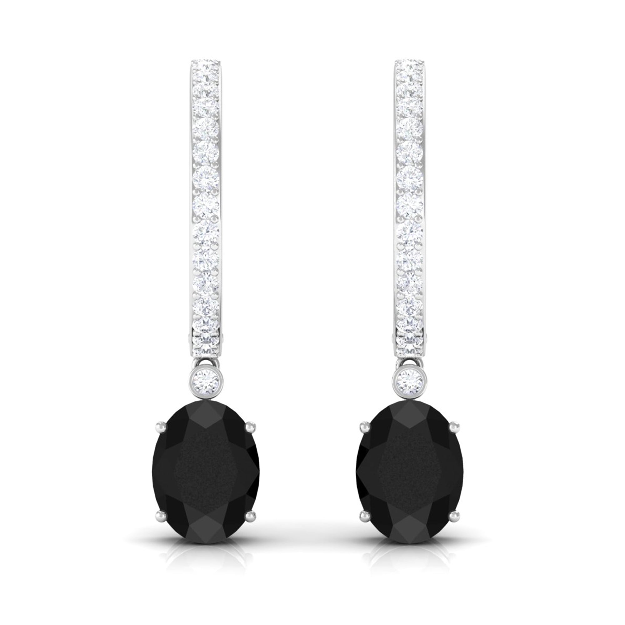 Oval Black Onyx and Diamond Hoop Drop Earrings Black Onyx - ( AAA ) - Quality - Rosec Jewels