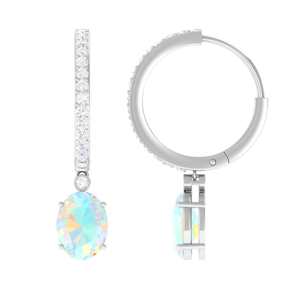 Oval Ethiopian Opal Silver Drop Earrings with Moissanite Hoop - Rosec Jewels