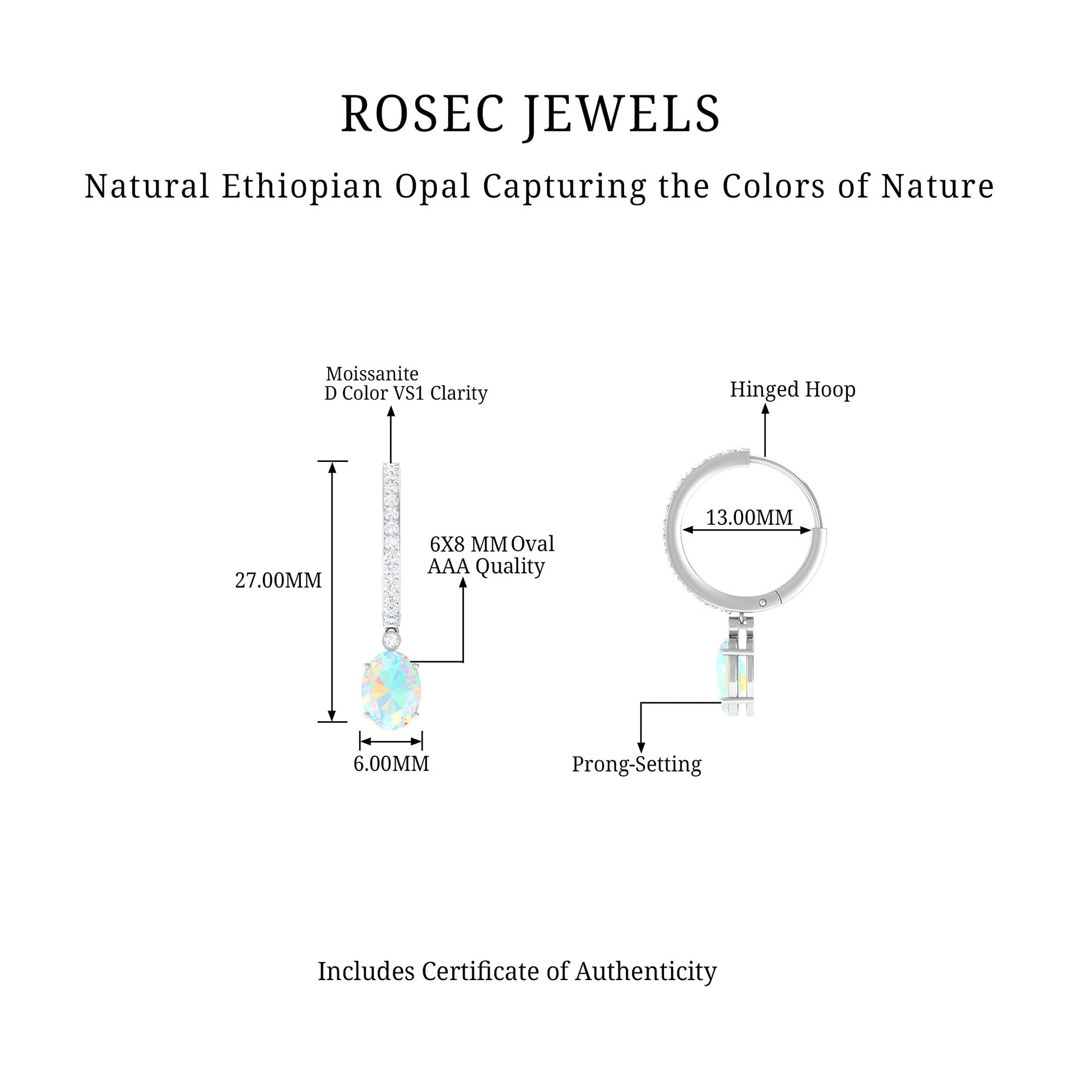 Oval Ethiopian Opal Drop Earrings with Moissanite Hoop Ethiopian Opal - ( AAA ) - Quality - Rosec Jewels