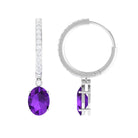 Oval Amethyst Hinged Hoop Drop Earrings with Diamond Amethyst - ( AAA ) - Quality - Rosec Jewels