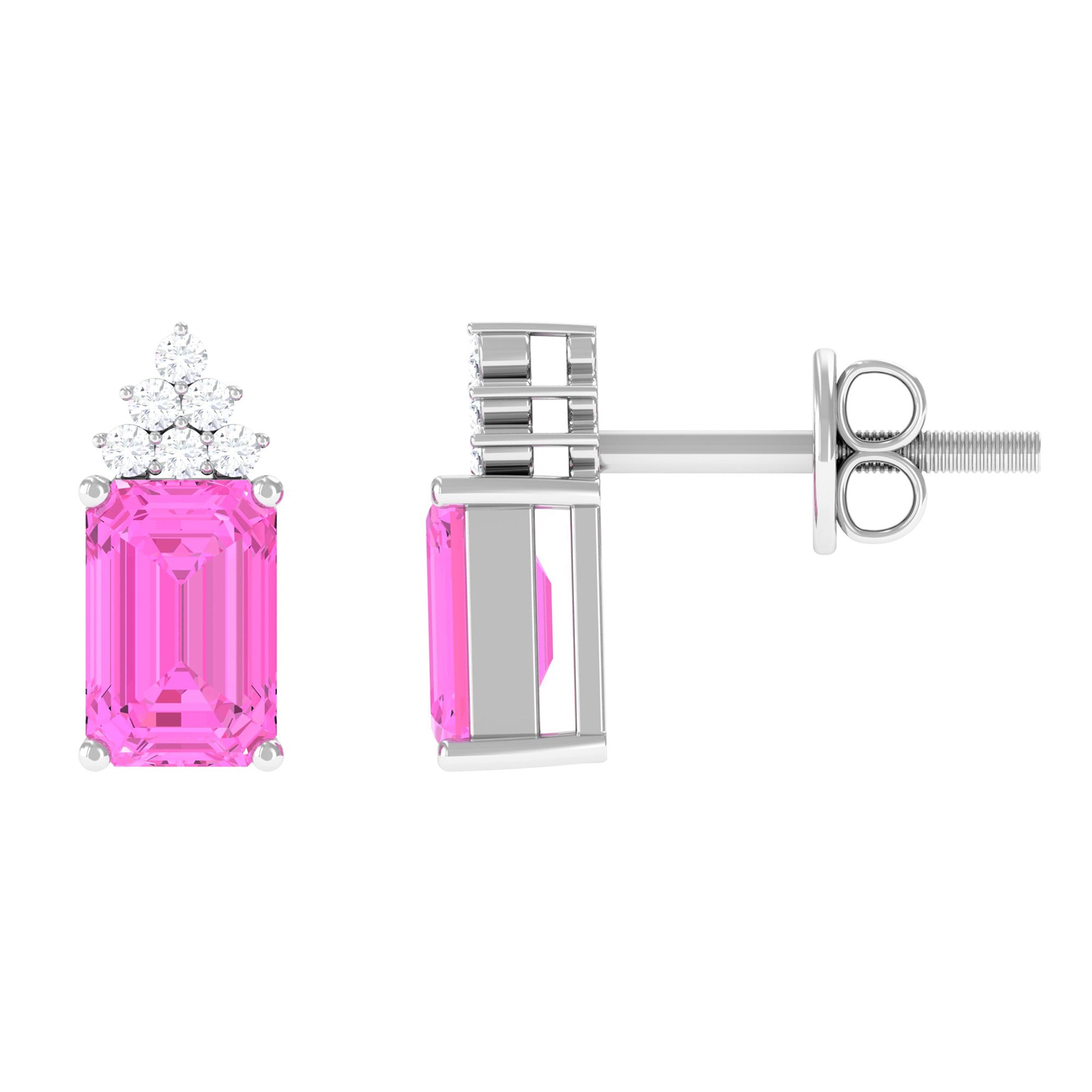 Emerald Cut Pink Sapphire Stud Earrings with Diamond Cluster Pink Sapphire - ( AAA ) - Quality - Rosec Jewels