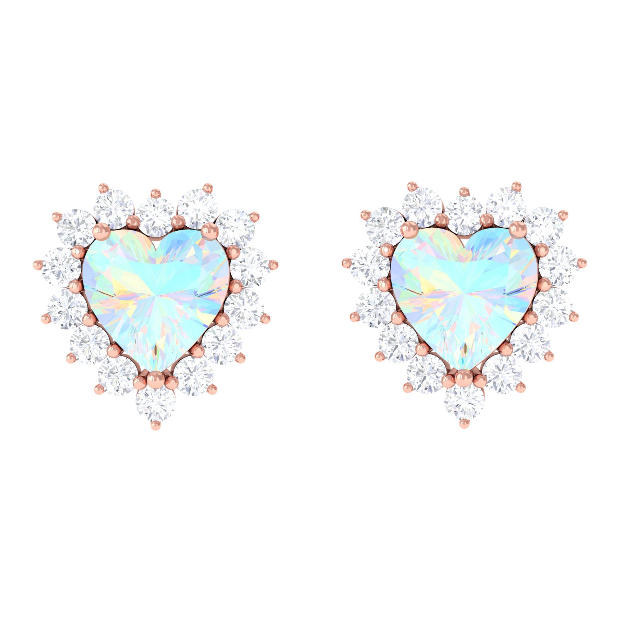 Heart Shape Ethiopian Opal Stud Earrings with Moissanite Halo Ethiopian Opal - ( AAA ) - Quality - Rosec Jewels