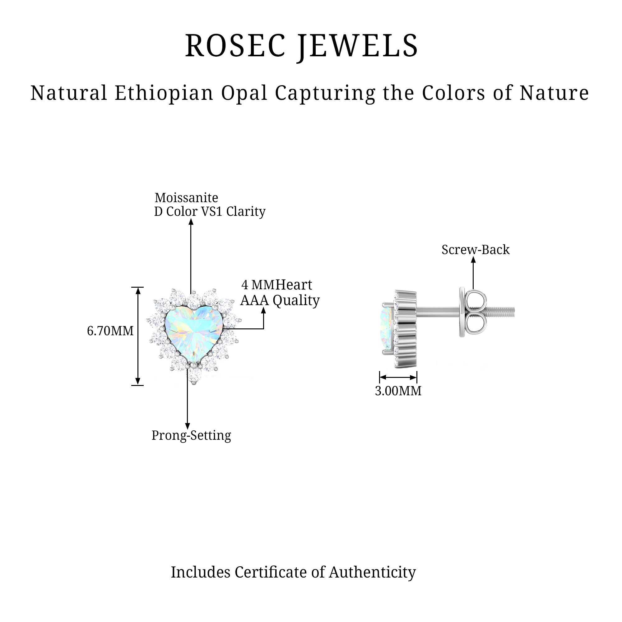 Heart Shape Ethiopian Opal Stud Earrings with Moissanite Halo Ethiopian Opal - ( AAA ) - Quality - Rosec Jewels