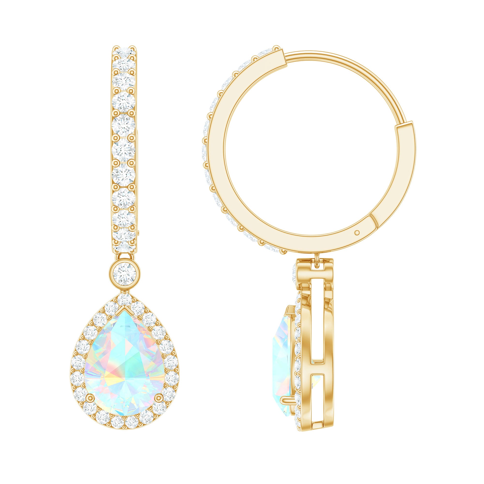 Classic Ethiopian Opal Hoop Drop Earrings with Moissanite Ethiopian Opal - ( AAA ) - Quality - Rosec Jewels