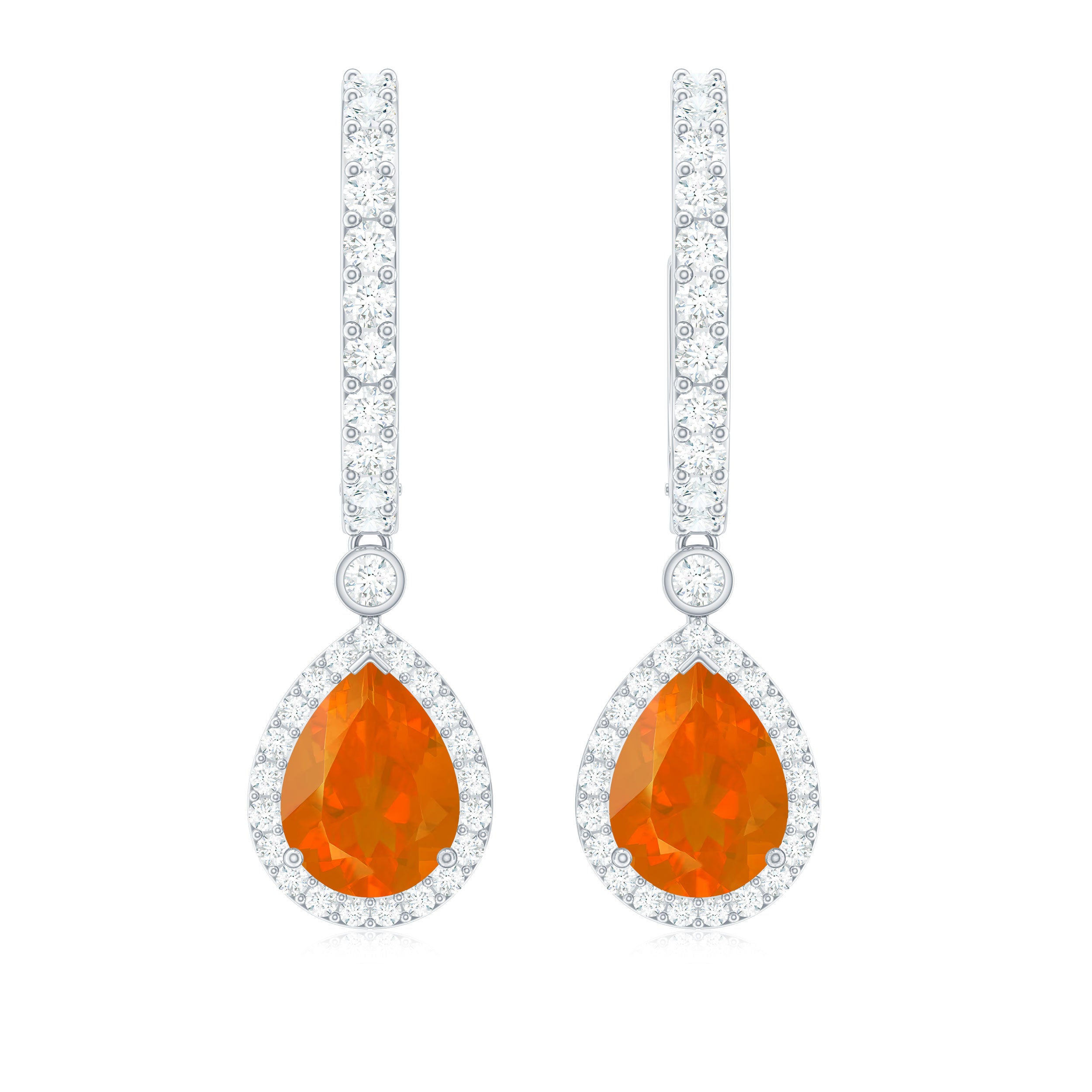 Pear Shaped Fire Opal Hoop Drop Earrings with Moissanite Halo Fire Opal - ( AAA ) - Quality - Rosec Jewels