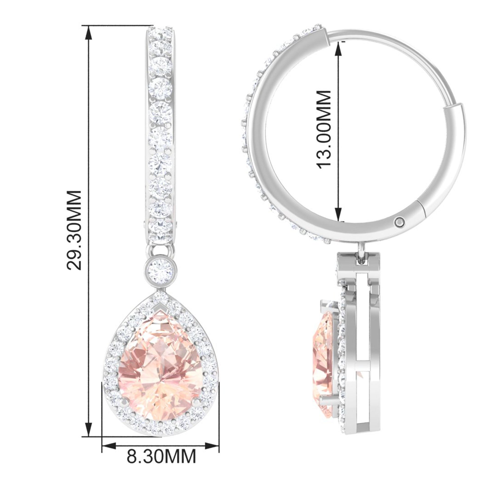 Pear Cut Morganite Hoop Drop Earrings with Diamond Halo Morganite - ( AAA ) - Quality - Rosec Jewels