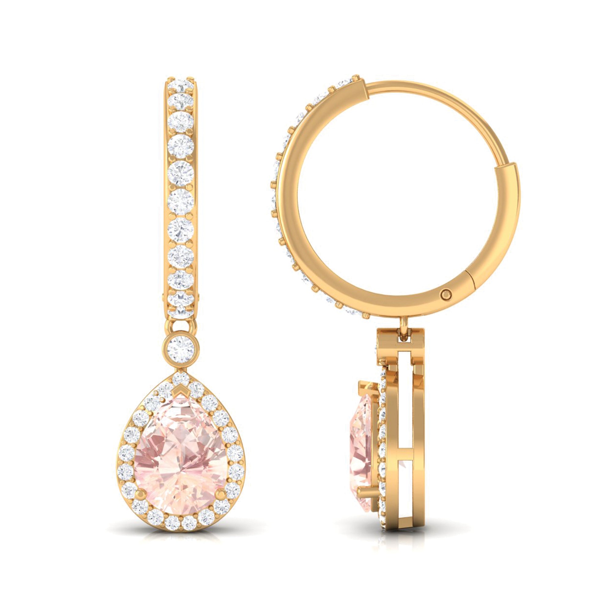 Pear Cut Morganite Hoop Drop Earrings with Diamond Halo Morganite - ( AAA ) - Quality - Rosec Jewels