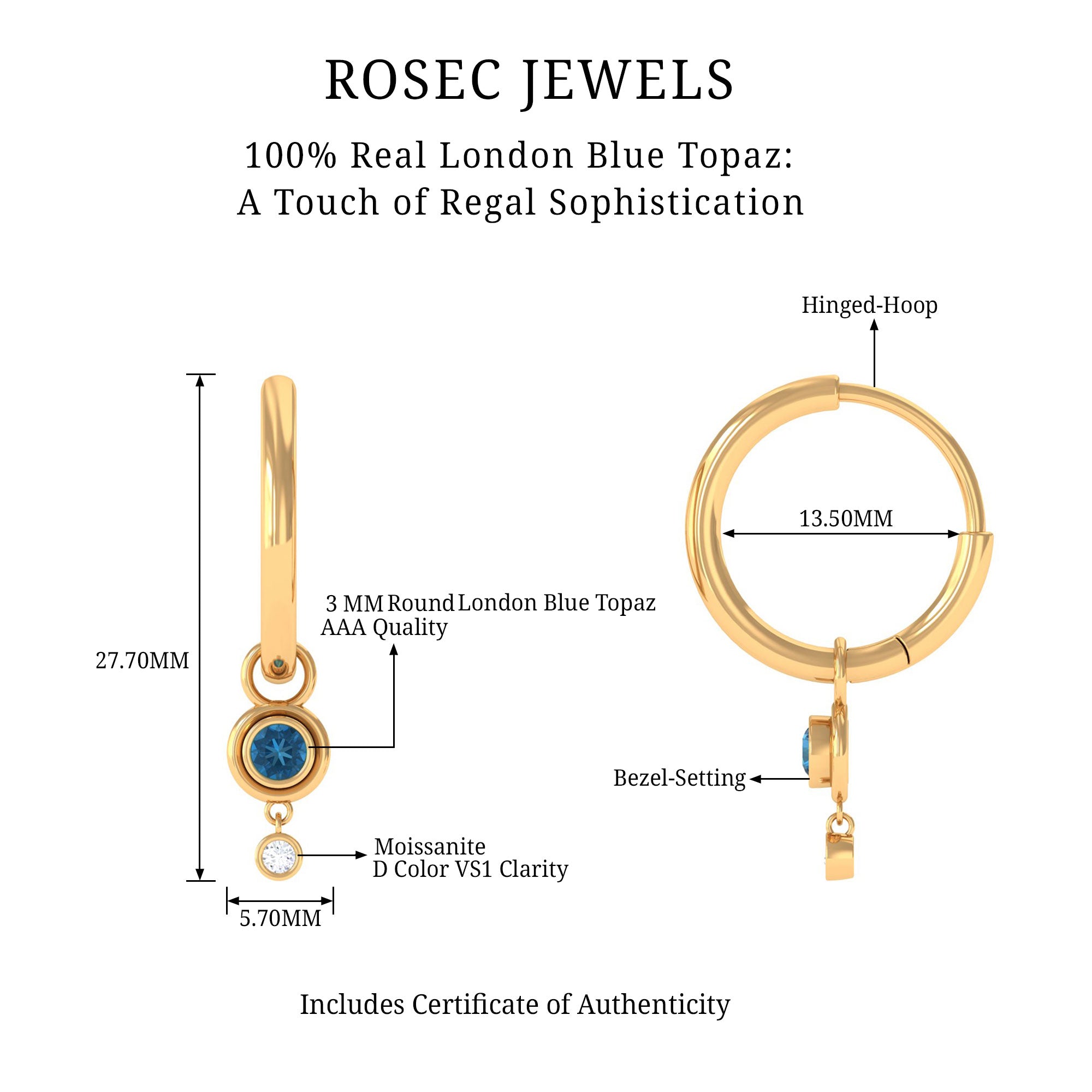 Bezel Set London Blue Topaz and Moissanite Hoop Drop Earrings in Gold London Blue Topaz - ( AAA ) - Quality - Rosec Jewels