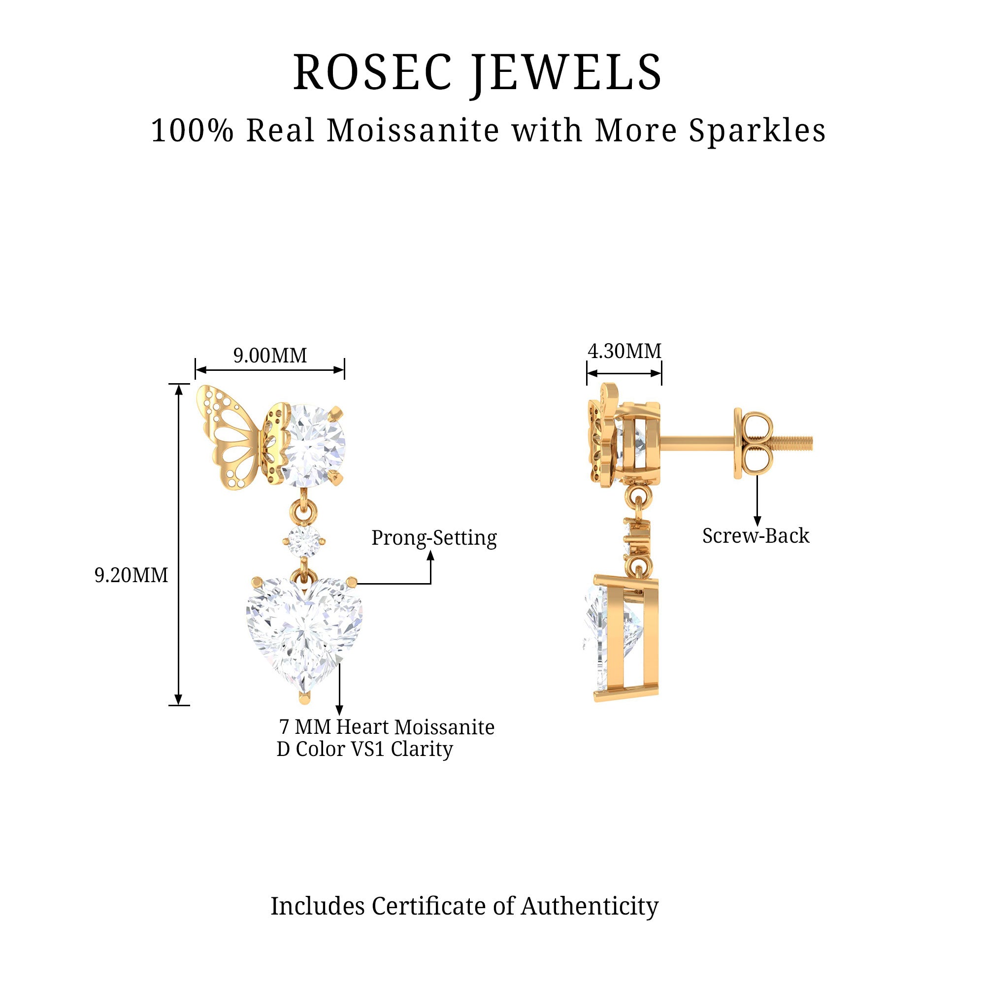 4.25 CT Certified Moissanite Butterfly Heart Drop Earrings Moissanite - ( D-VS1 ) - Color and Clarity - Rosec Jewels