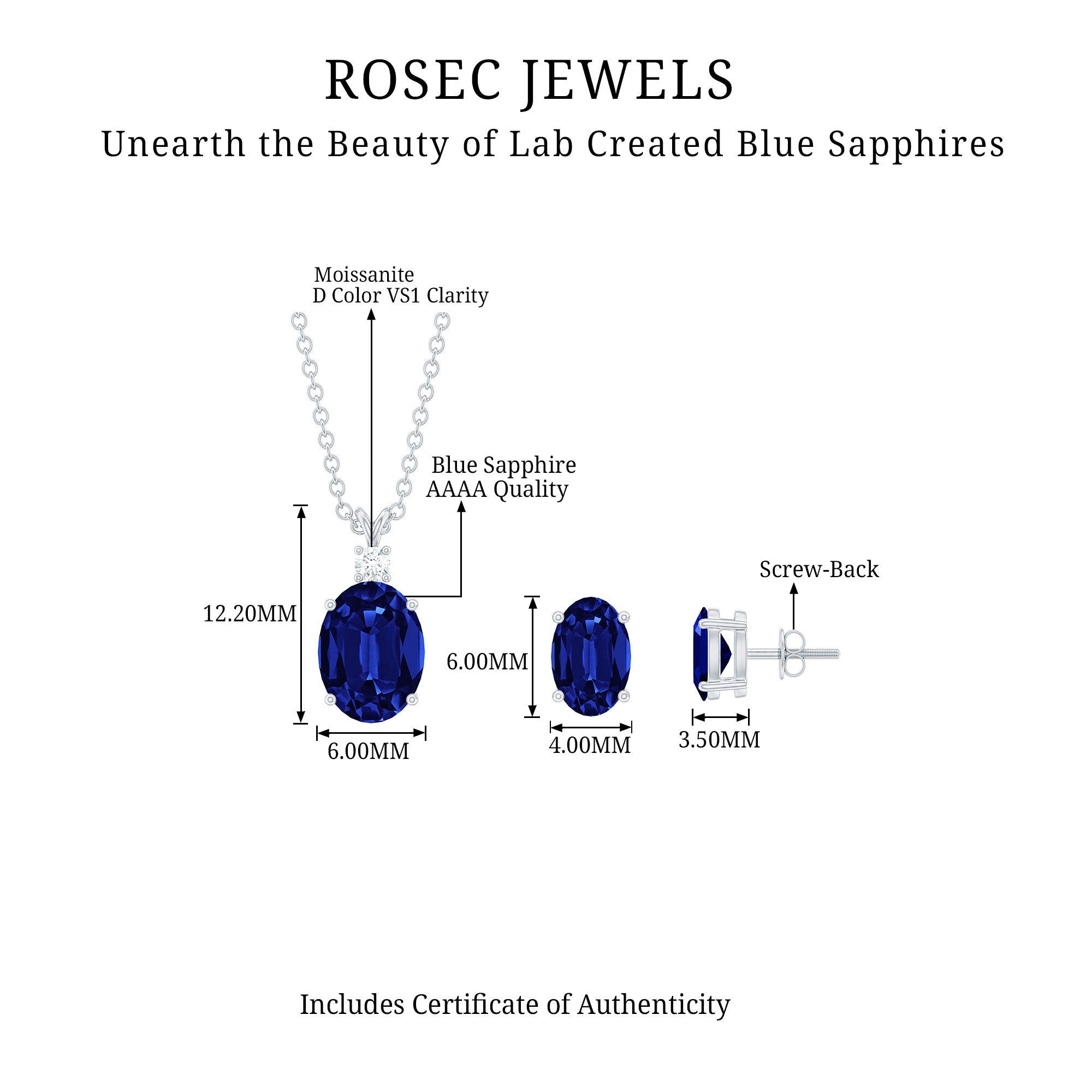 Oval Created Blue Sapphire Silver Solitaire Jewelry Set with Moissanite - Rosec Jewels