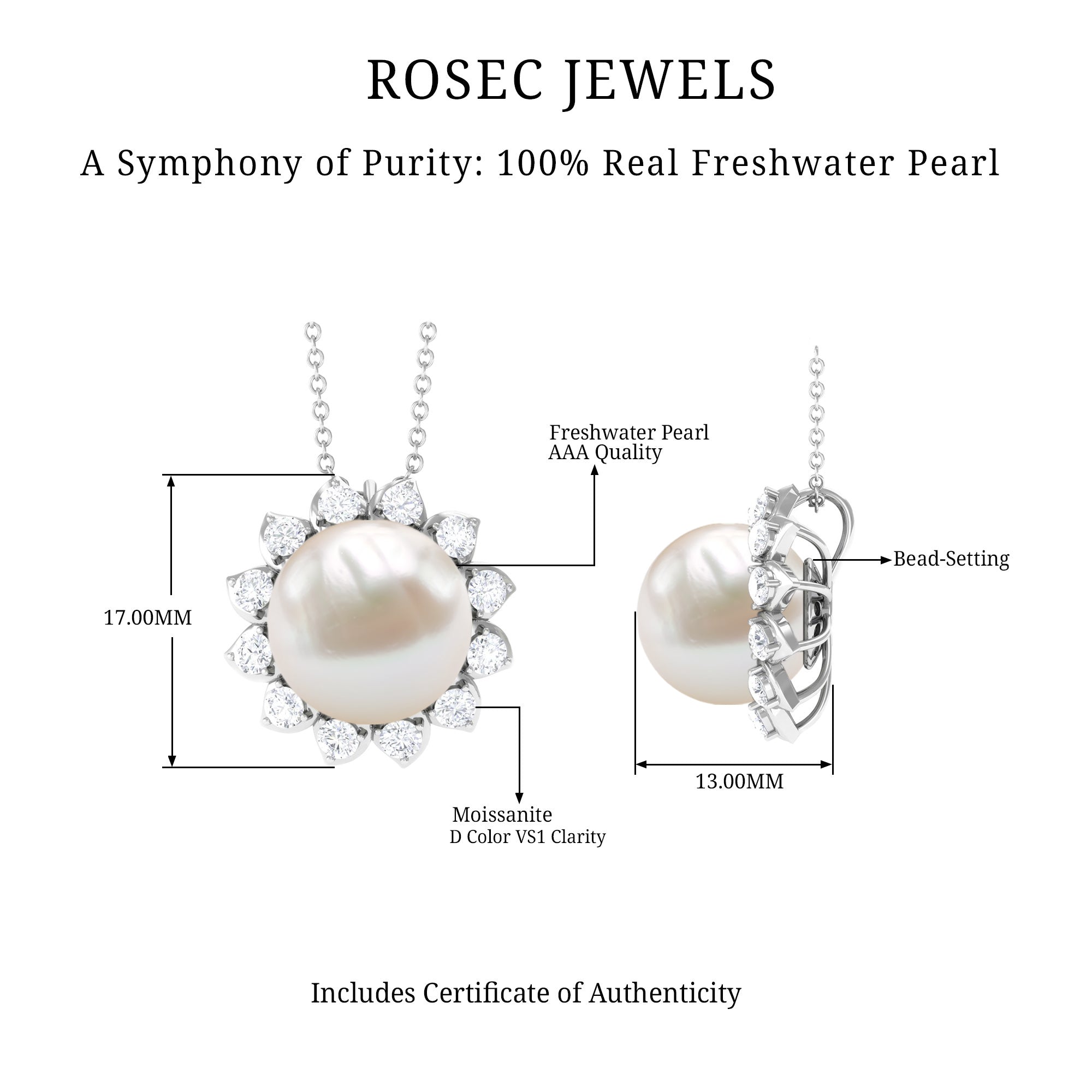 Freshwater Pearl and Moissanite Cocktail Flower Pendant Necklace - Rosec Jewels