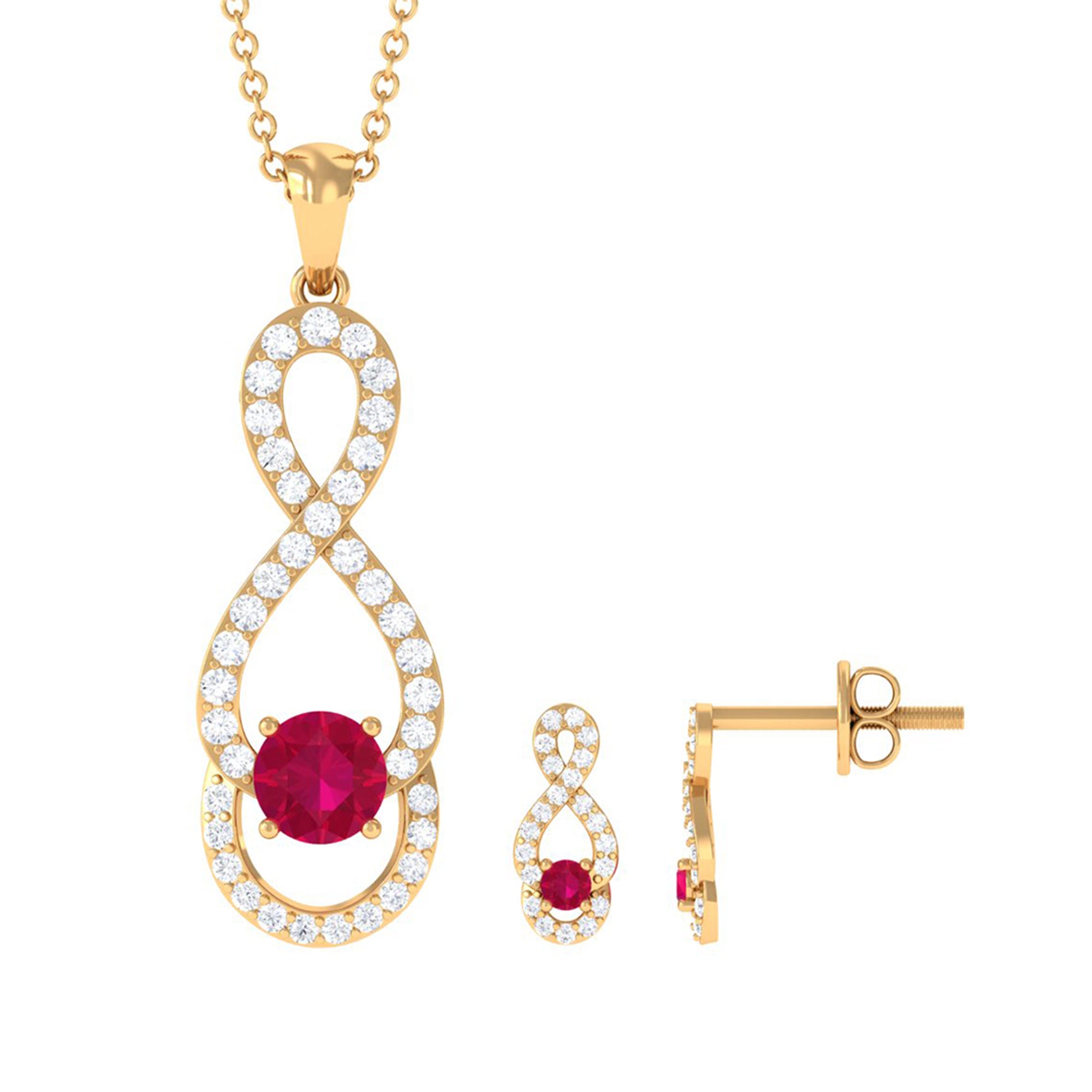 Round Ruby Infinity jewelry Set with Diamond Ruby - ( AAA ) - Quality - Rosec Jewels