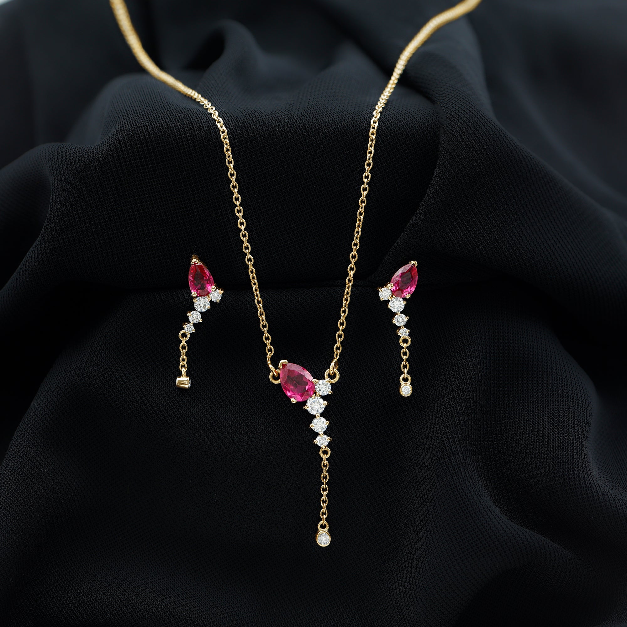 Minimal Created Ruby Dangle Necklace and Earrings Set in Gold with Moissanite Lab Created Ruby - ( AAAA ) - Quality - Rosec Jewels