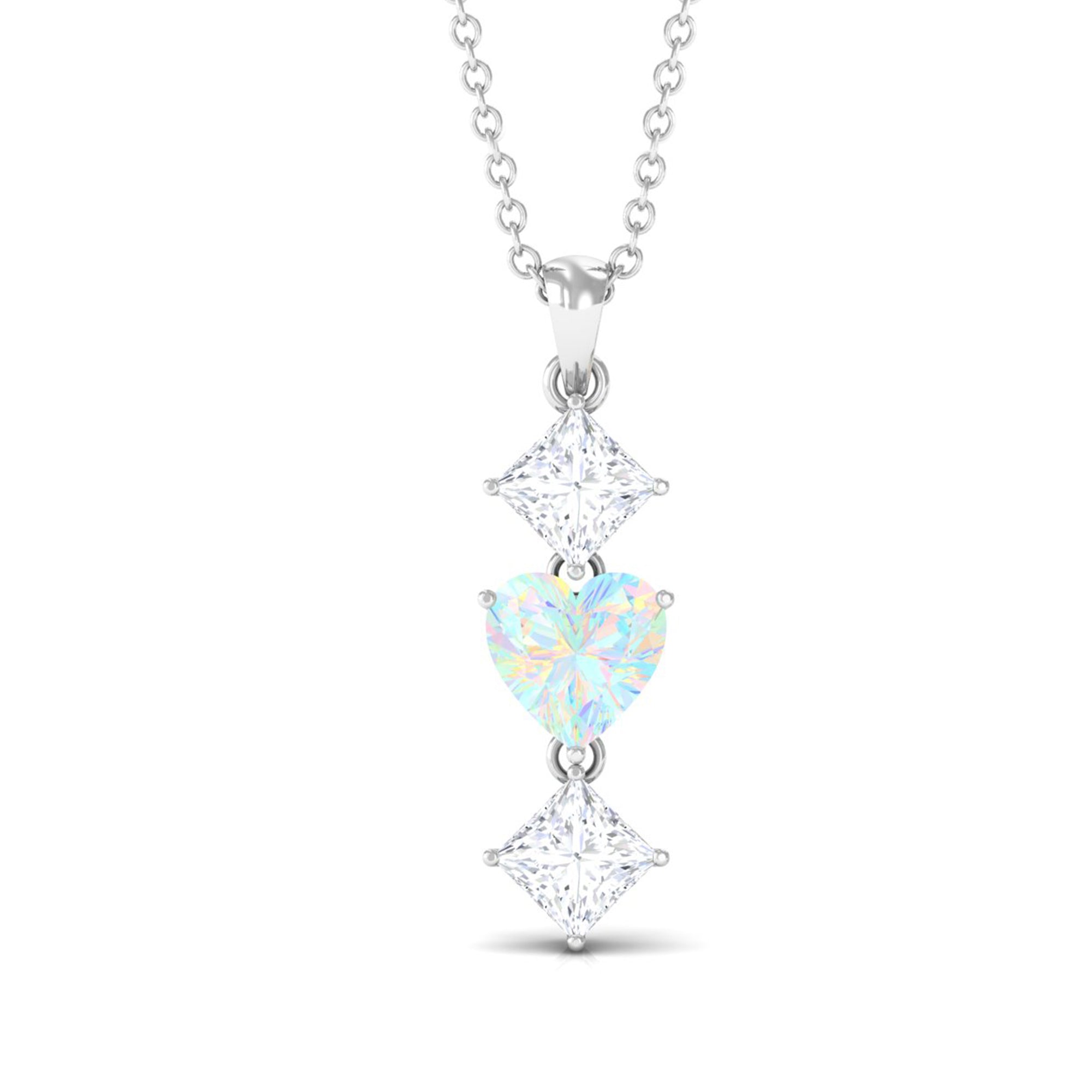 Ethiopian Opal and Moissanite Drop Heart Pendant Necklace Ethiopian Opal - ( AAA ) - Quality - Rosec Jewels