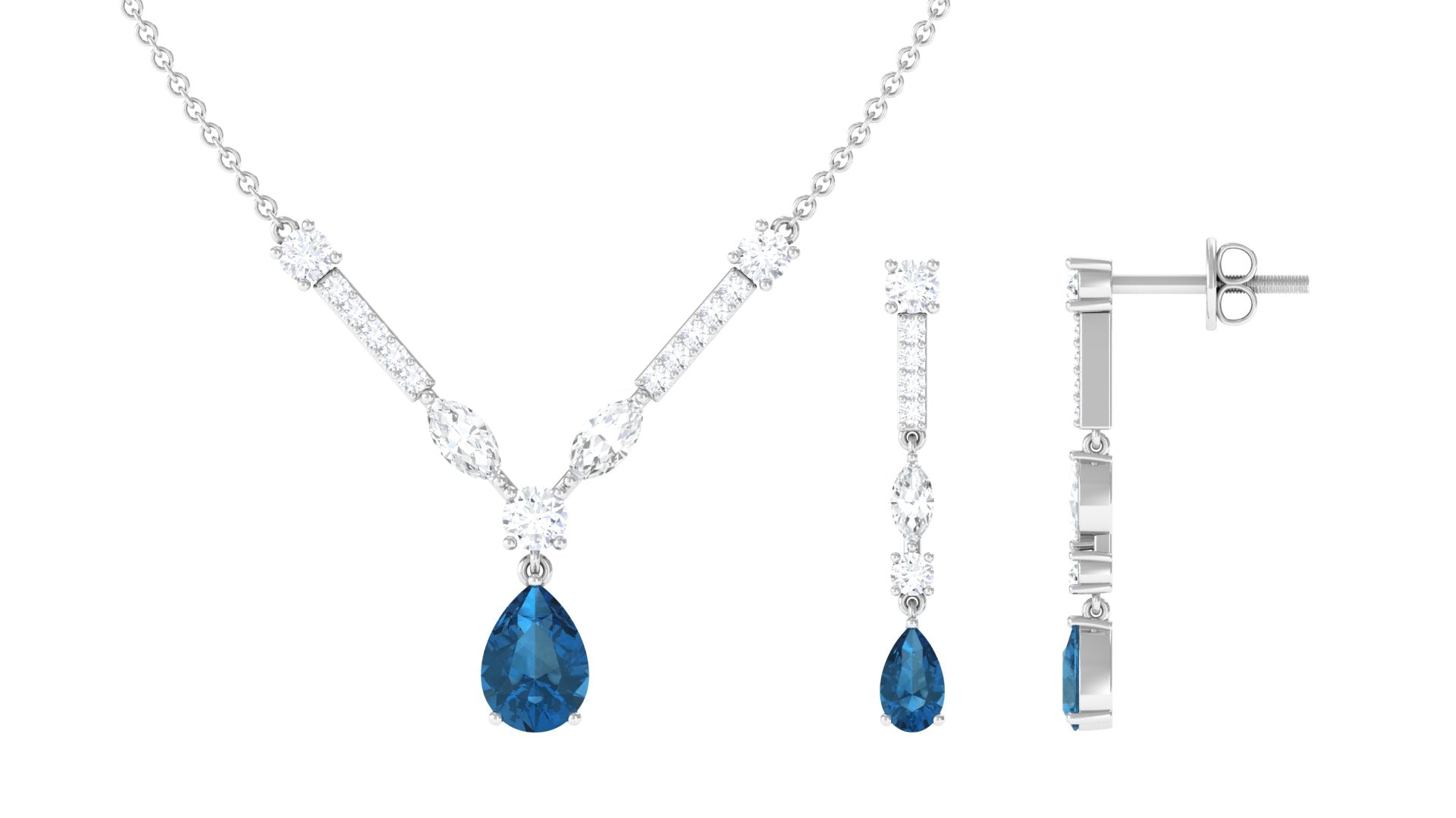 London Blue Topaz and Moissanite Drop Necklace Earrings Set London Blue Topaz - ( AAA ) - Quality - Rosec Jewels