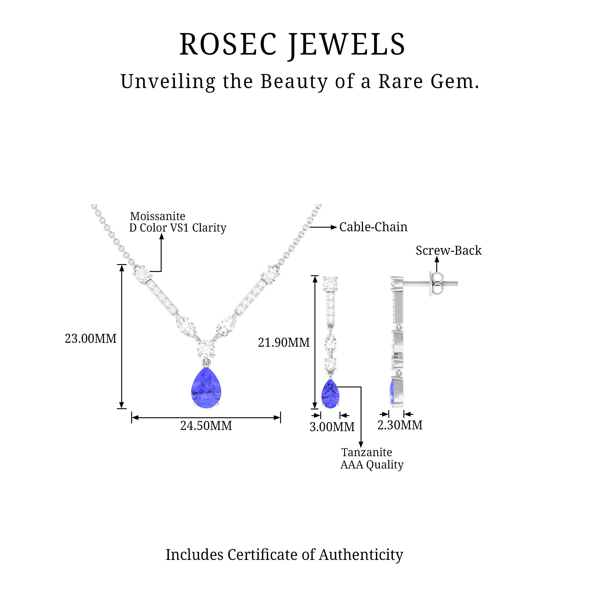 Tanzanite and Moissanite Drop Necklace Earrings Set Tanzanite - ( AAA ) - Quality - Rosec Jewels