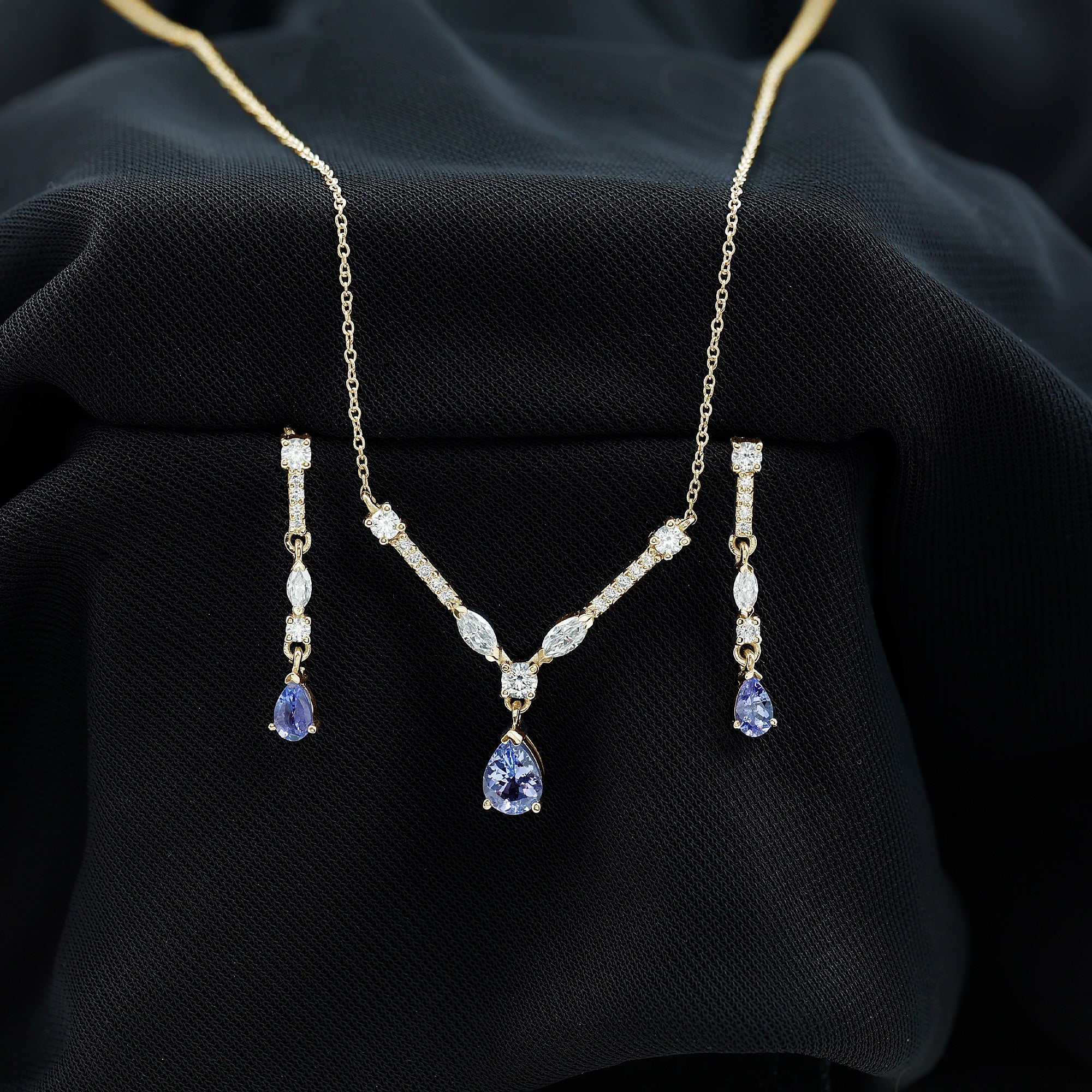 Tanzanite and Moissanite Drop Necklace Earrings Set Tanzanite - ( AAA ) - Quality - Rosec Jewels