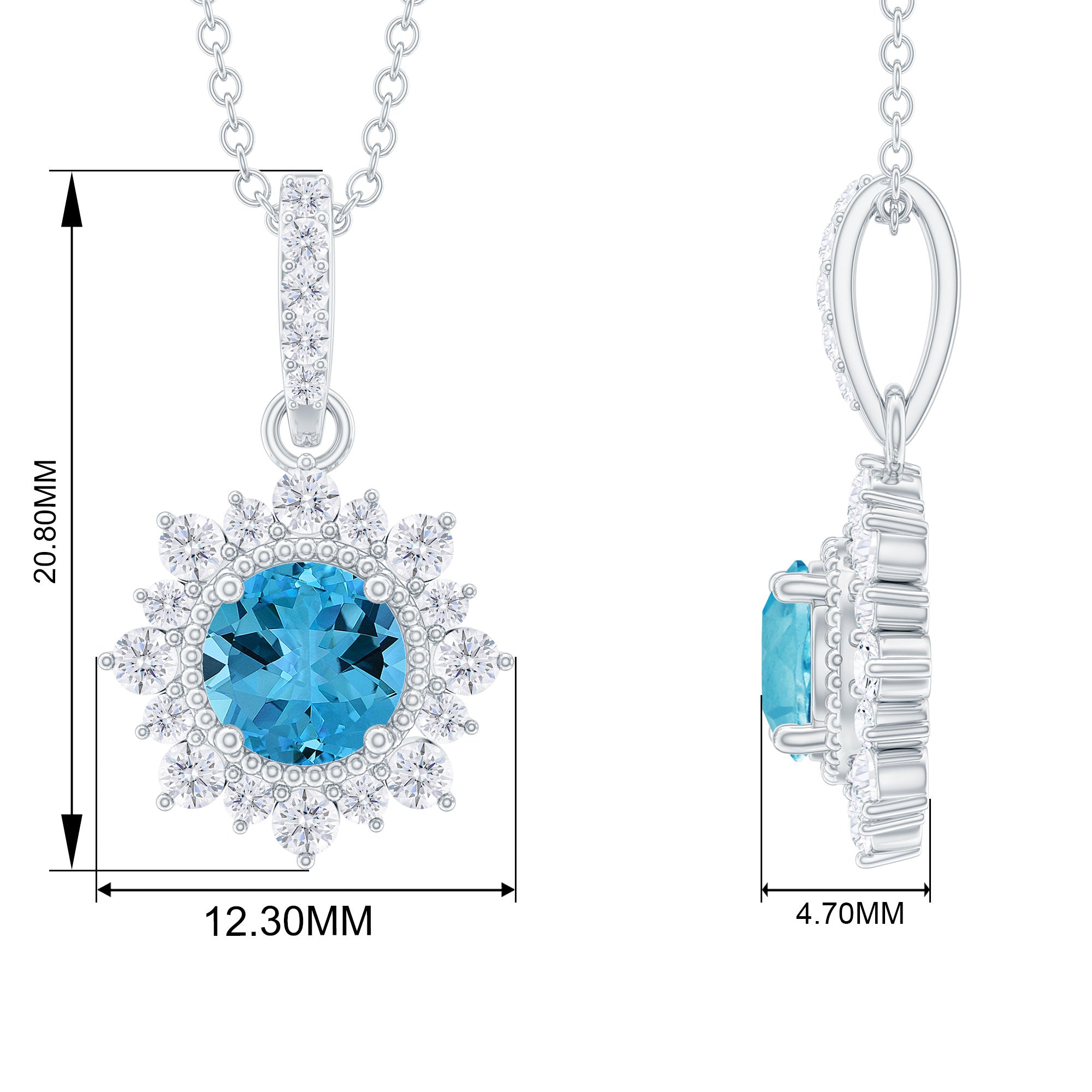 Round Swiss Blue Topaz Halo Pendant with Diamond Accent Bail Swiss Blue Topaz - ( AAA ) - Quality - Rosec Jewels