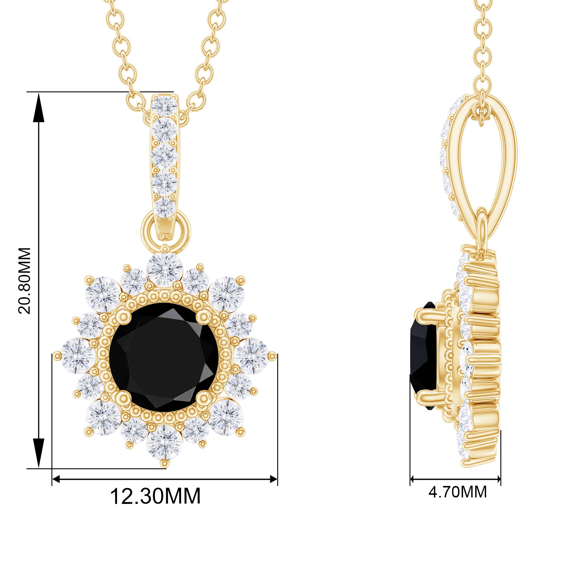 Round Black Spinel Halo Pendant with Diamond Accent Bail Black Spinel - ( AAA ) - Quality - Rosec Jewels