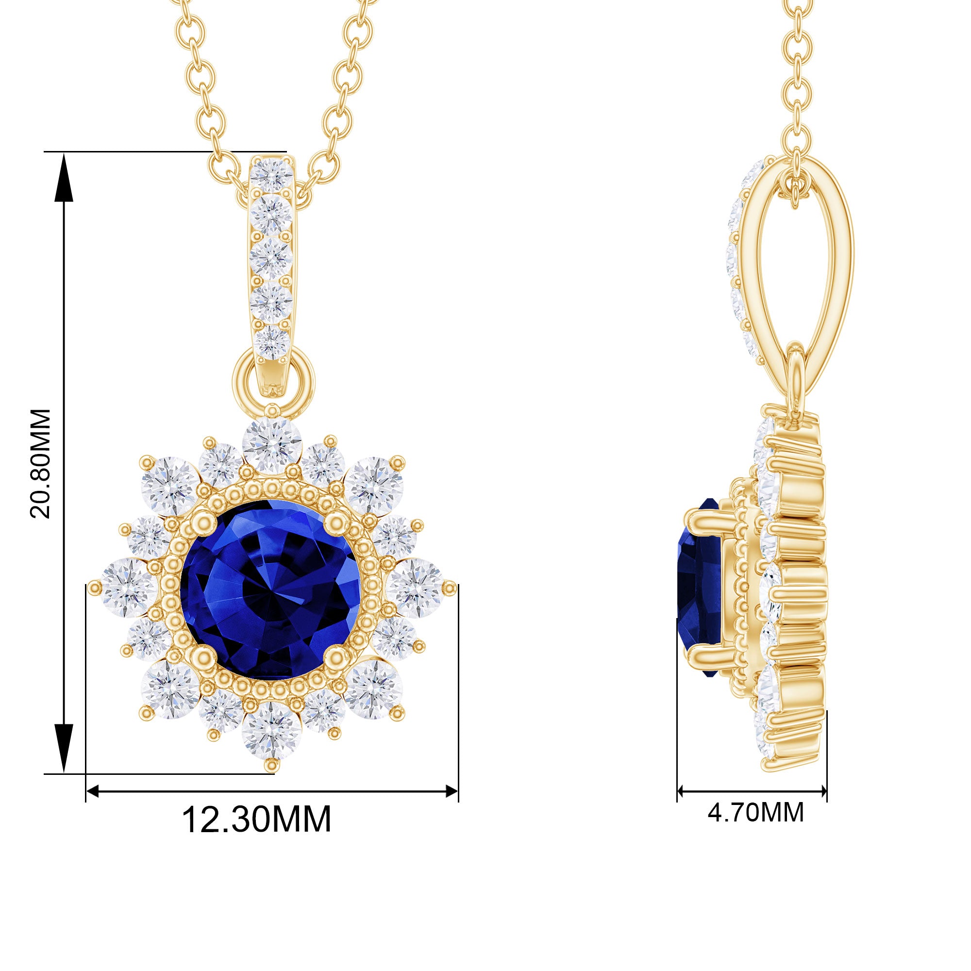 Round Created Blue Sapphire Halo Pendant with Diamond Lab Created Blue Sapphire - ( AAAA ) - Quality - Rosec Jewels