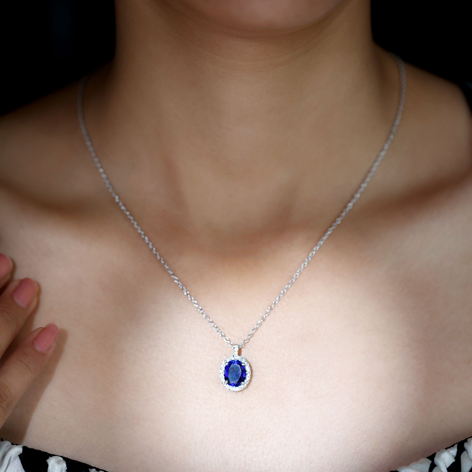 Oval Cut Created Blue Sapphire Silver Halo Pendant with Moissanite - Rosec Jewels