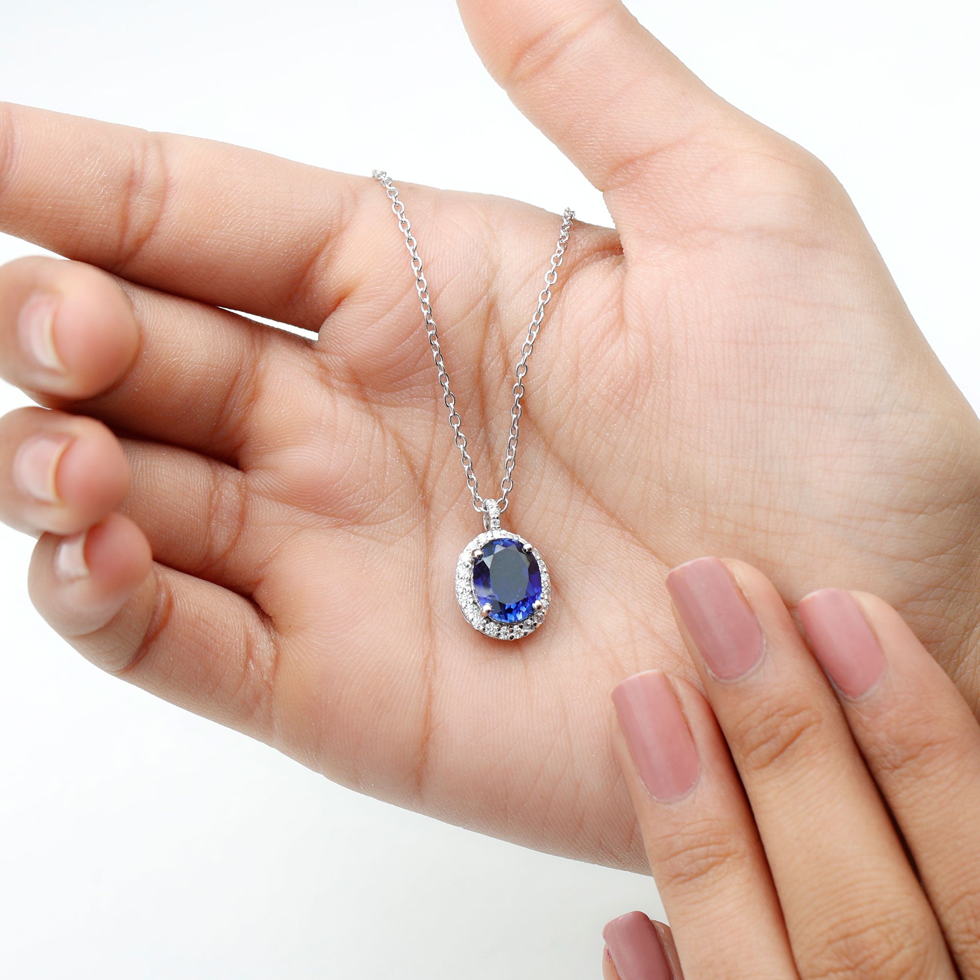 Oval Cut Created Blue Sapphire Halo Pendant with Moissanite Lab Created Blue Sapphire - ( AAAA ) - Quality - Rosec Jewels