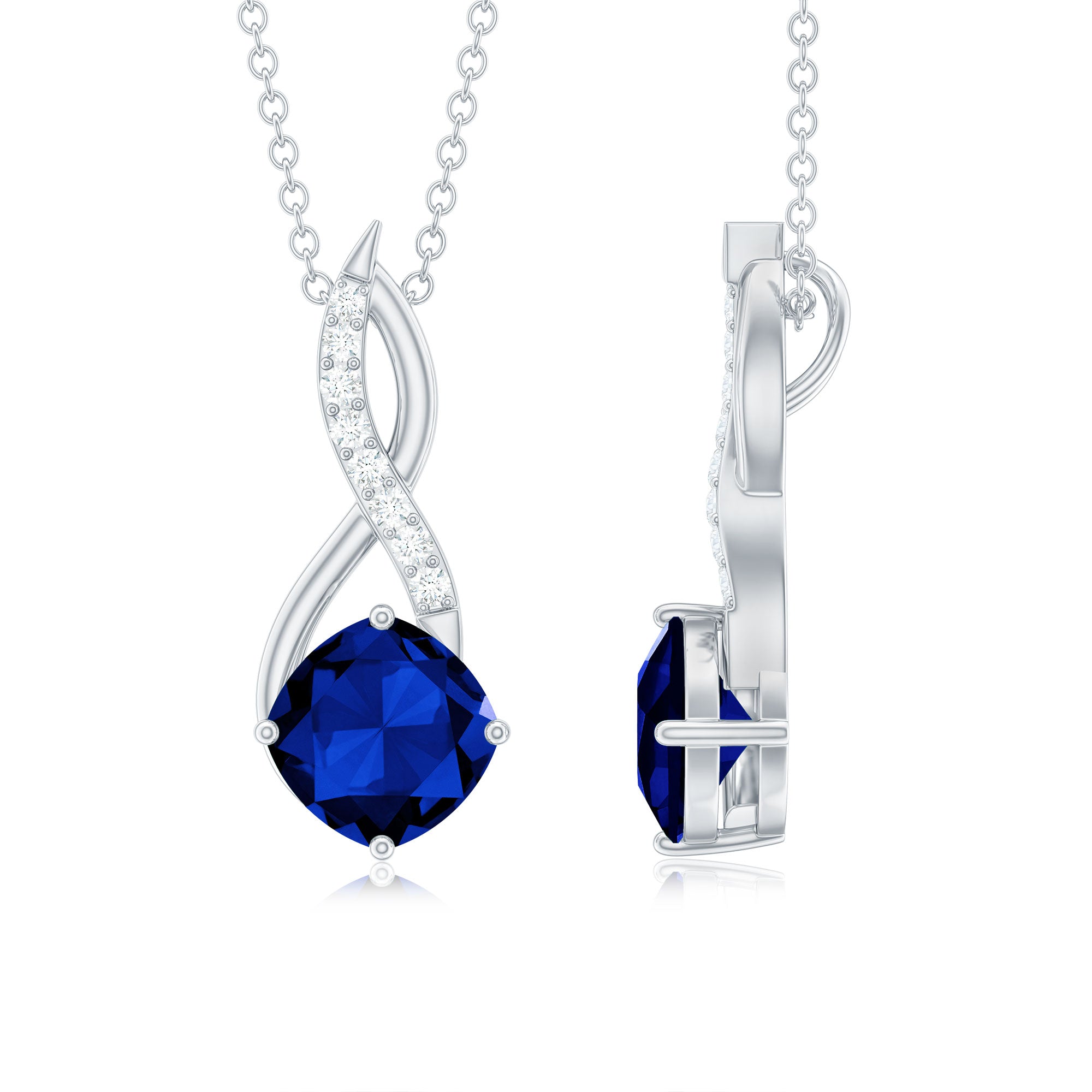 Cushion Cut Created Blue Sapphire Solitaire Silver Infinity Pendant with Moissanite - Rosec Jewels