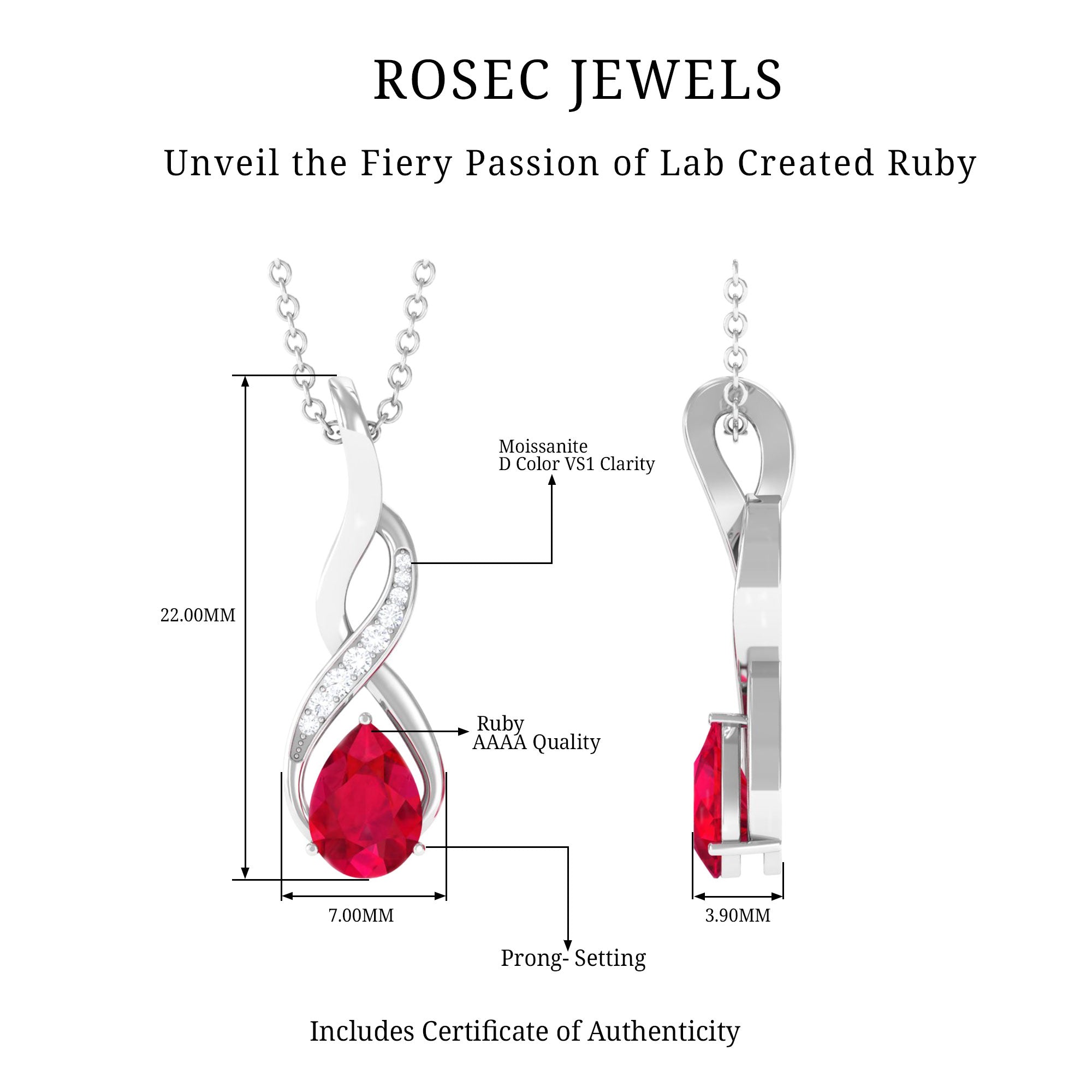 3/4 CT Created Ruby Teardrop Silver Infinity Pendant with Moissanite - Rosec Jewels