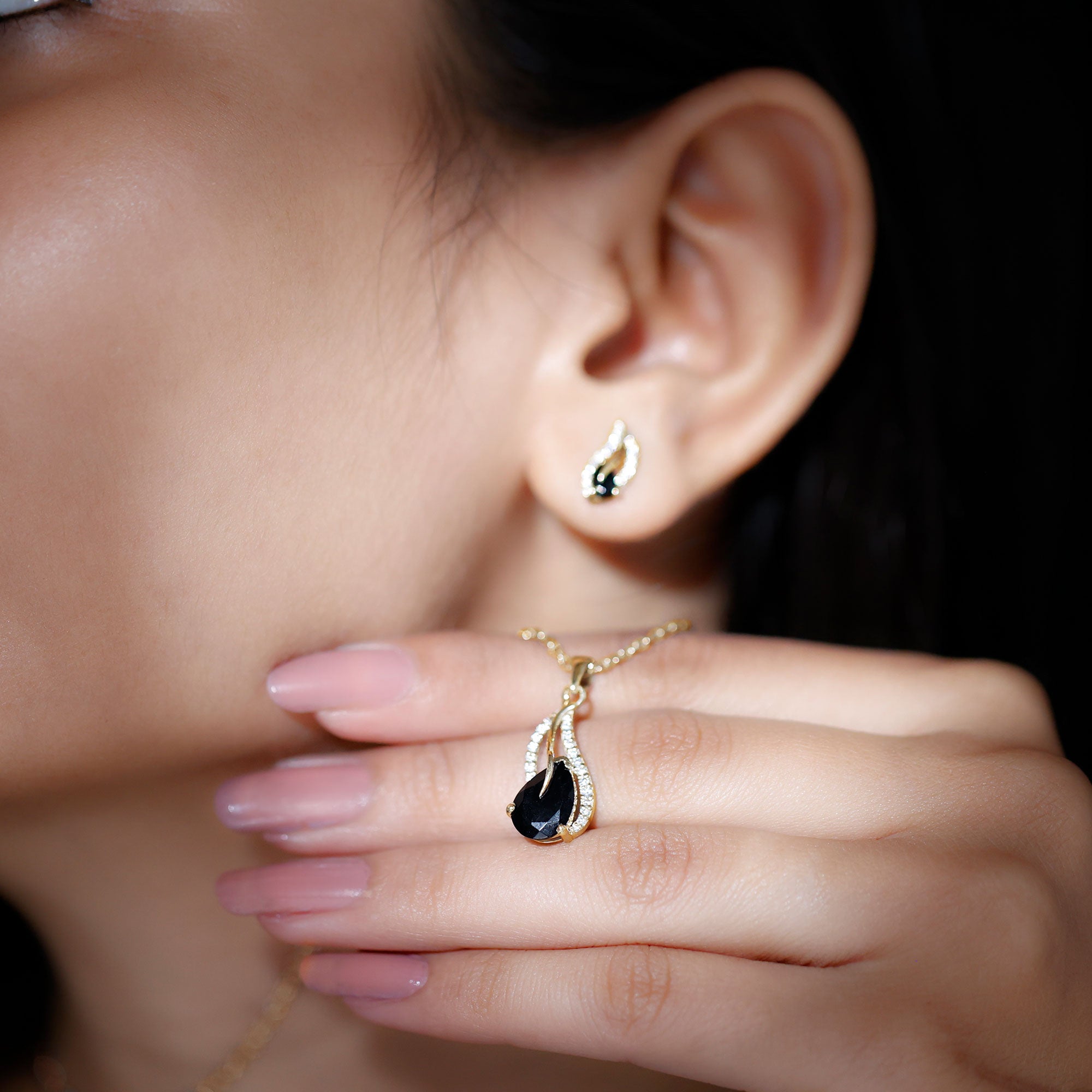 Minimal Teardrop jewelry Set with 3 CT Pear Cut Black Onyx and moissanite stones Black Onyx - ( AAA ) - Quality - Rosec Jewels