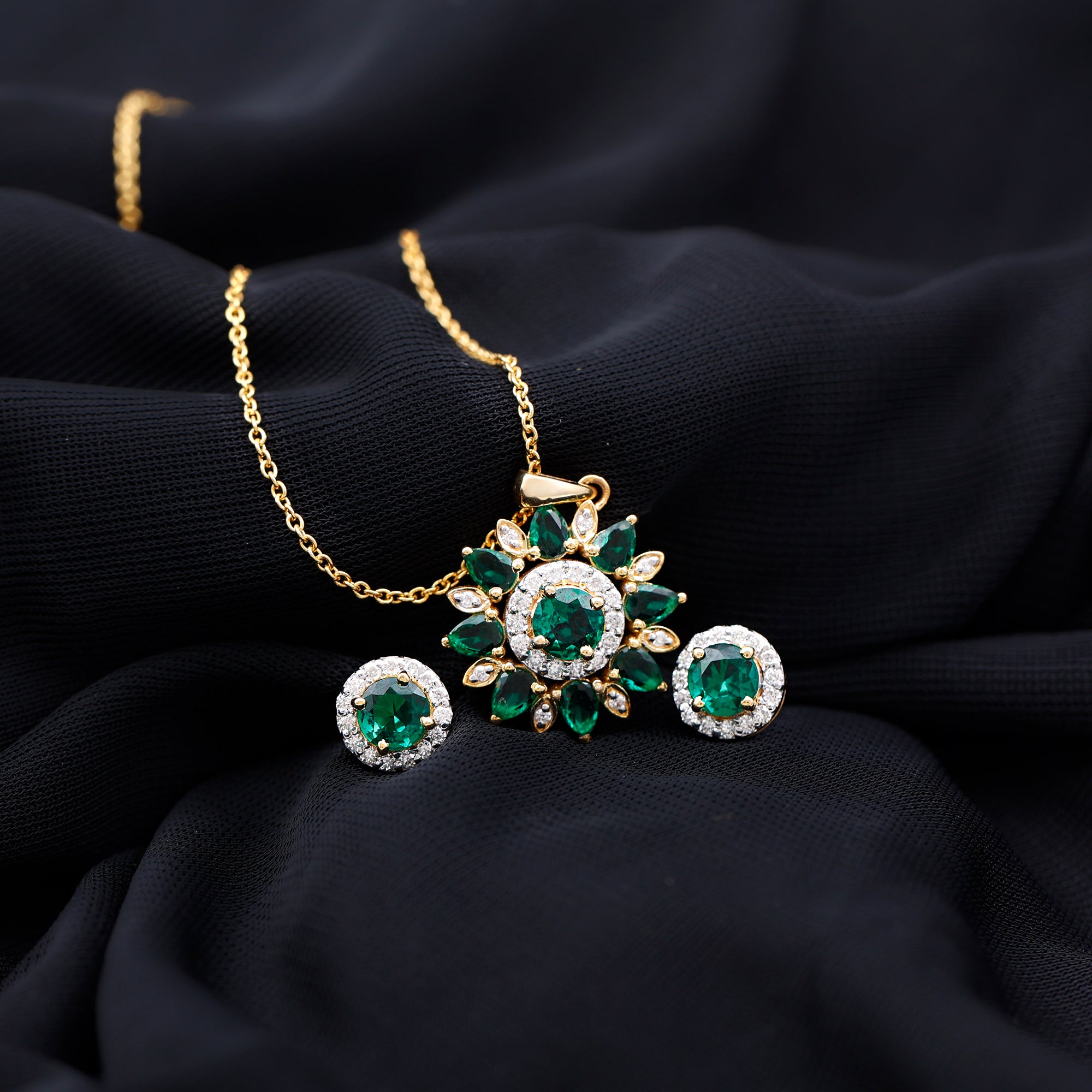 Created Emerald and Moissanite Flower Statement Jewelry Set in Gold Lab Created Emerald - ( AAAA ) - Quality - Rosec Jewels