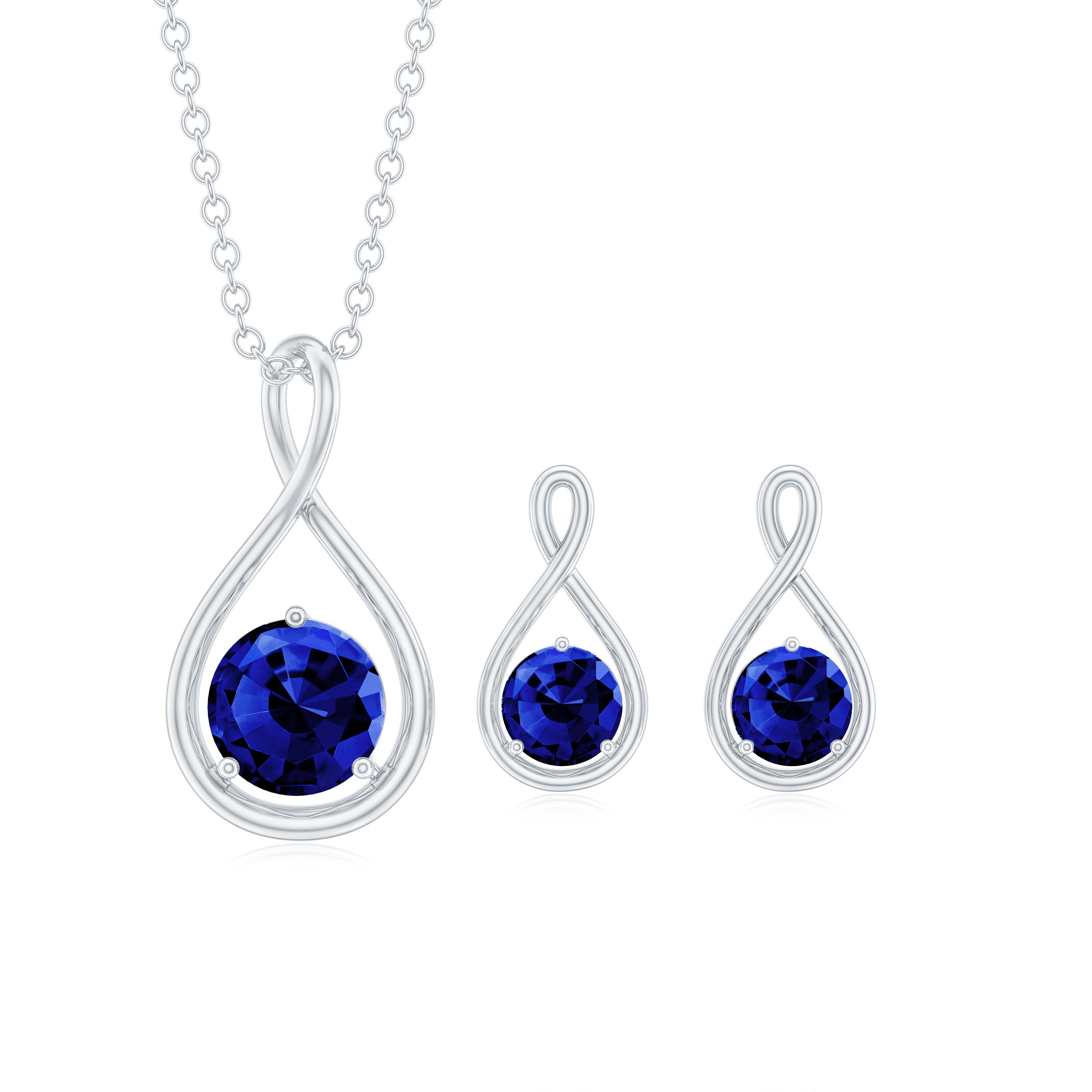 Solitaire Lab Created Blue Sapphire Infinity Pendant and Earrings Set Lab Created Blue Sapphire - ( AAAA ) - Quality - Rosec Jewels