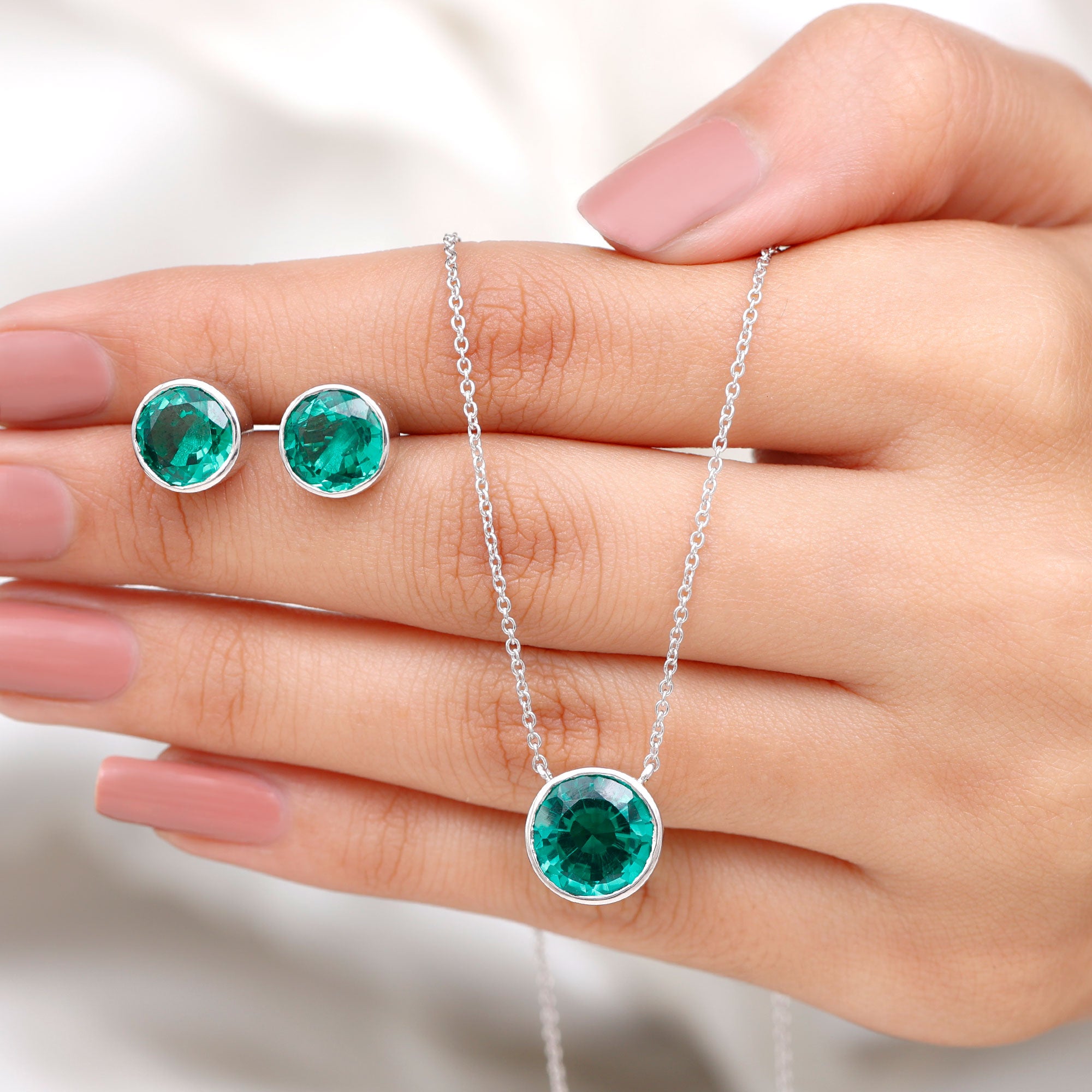 Certified Created Emerald Solitaire Jewelry Set in Bezel Setting Lab Created Emerald - ( AAAA ) - Quality - Rosec Jewels