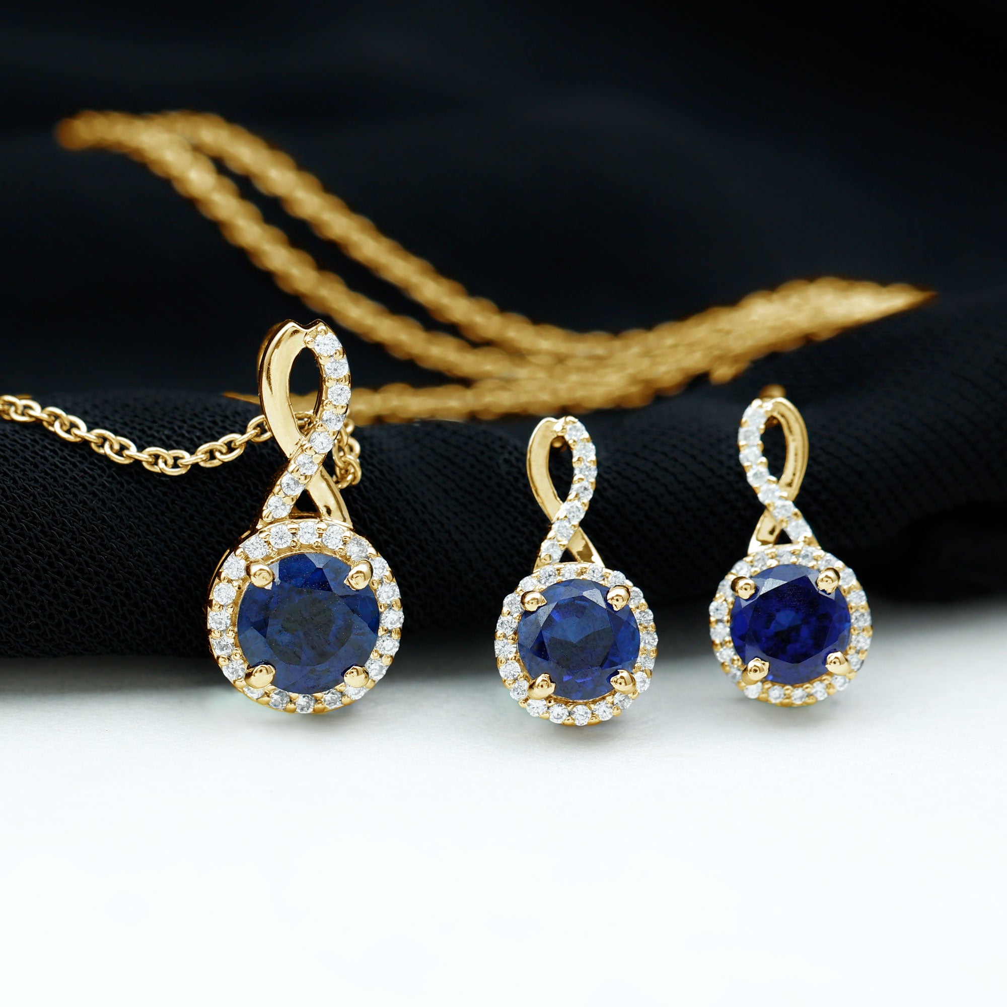 Lab Grown Blue Sapphire Infinity Jewelry Set with Zircon Lab Created Blue Sapphire - ( AAAA ) - Quality - Rosec Jewels