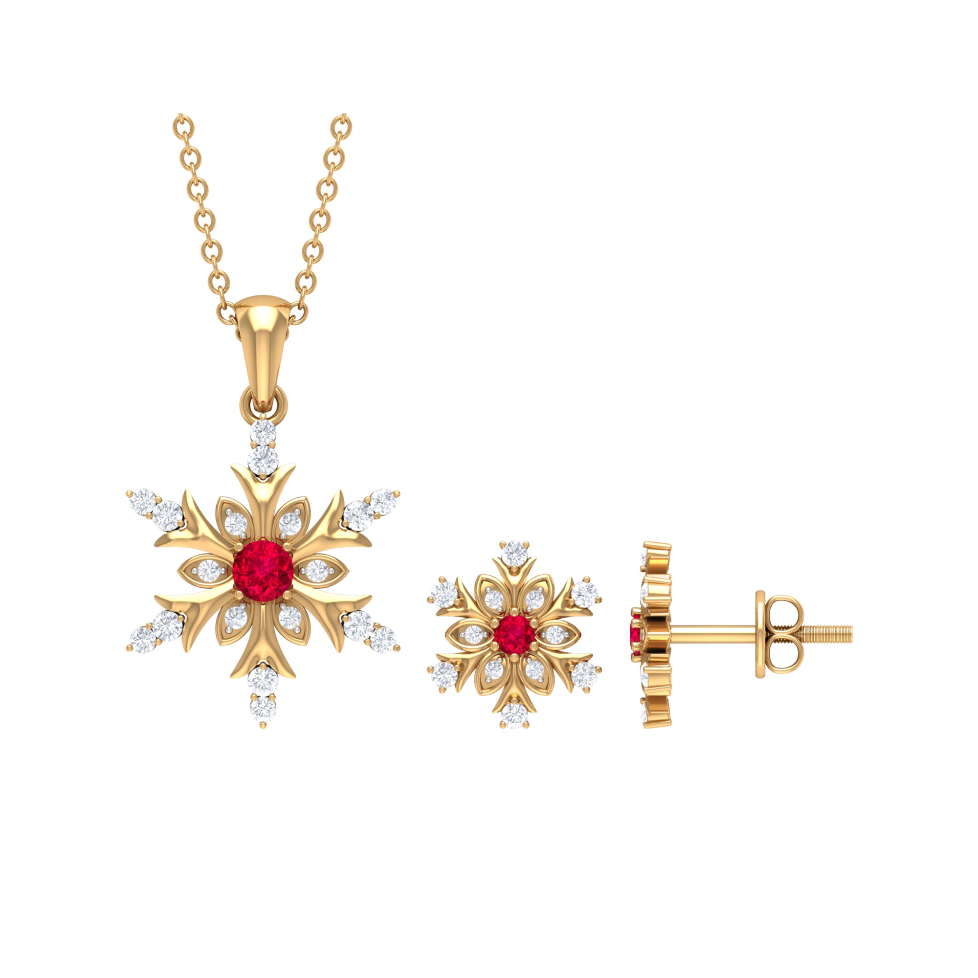 Vintage Lab Grown Ruby and Diamond Snowflake Pendant and Earrings Lab Created Ruby - ( AAAA ) - Quality - Rosec Jewels