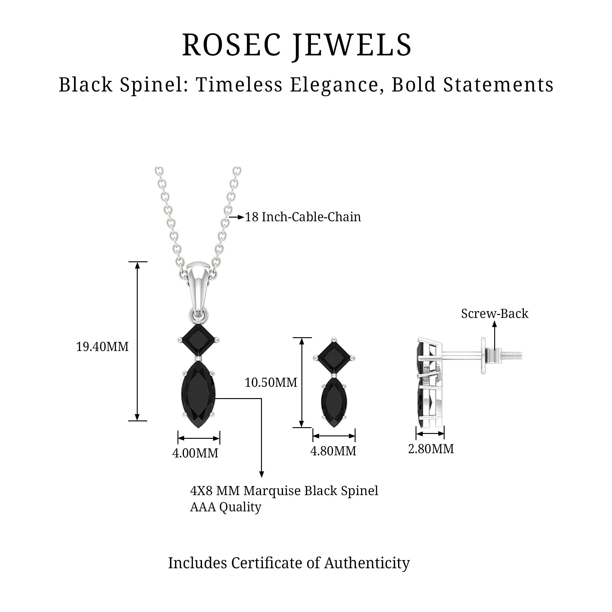 1.5 CT Princess and Marquise Shape Black Spinel Dangle Jewelry Set for Women Black Spinel - ( AAA ) - Quality - Rosec Jewels